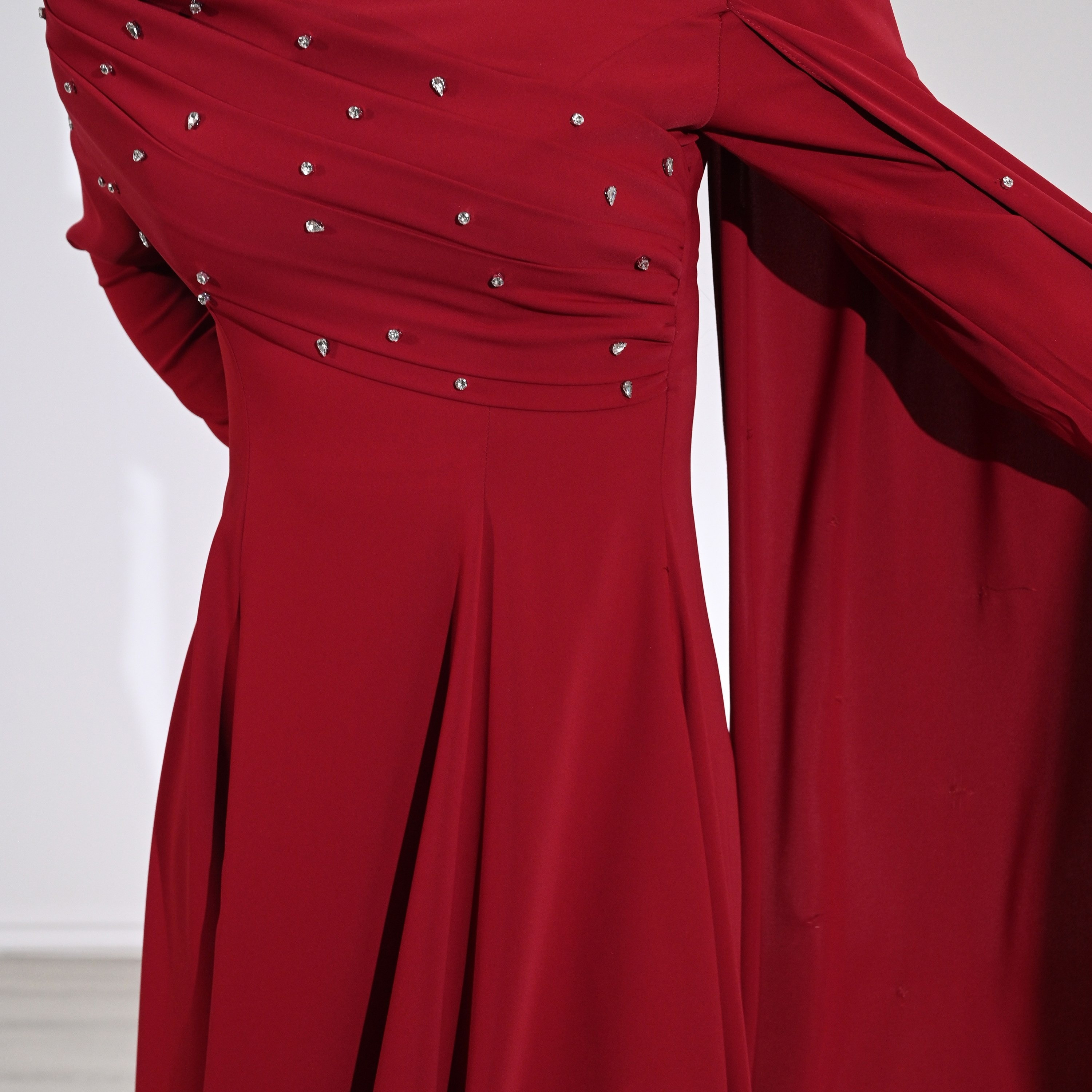 Akadia Crystal Work Crepe Mock Neck Cape Sleeve Fit & Flared Evening Women's Maxi Dress-women-clothing-dresses-image-16