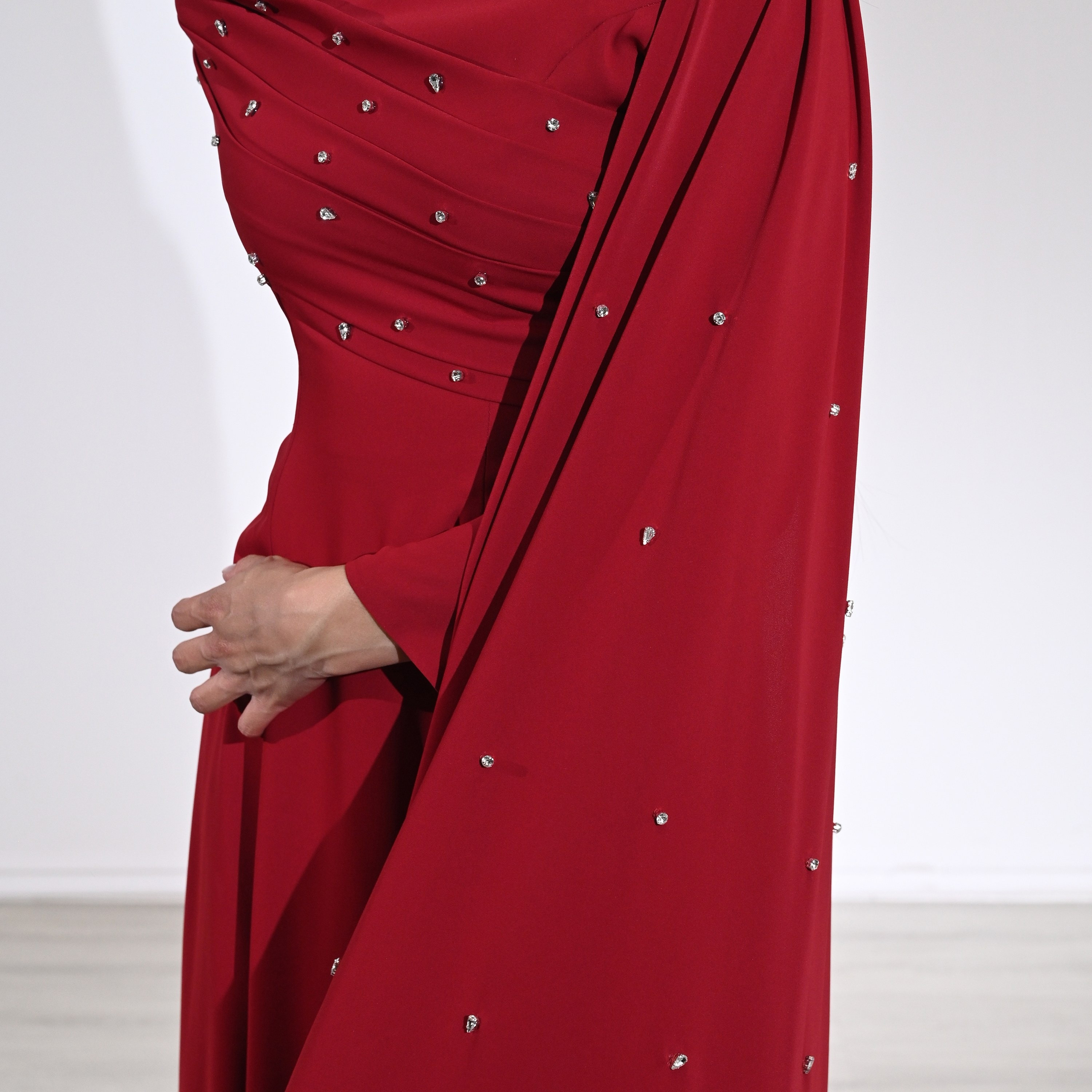 Akadia Crystal Work Crepe Mock Neck Cape Sleeve Fit & Flared Evening Women's Maxi Dress-women-clothing-dresses-image-17