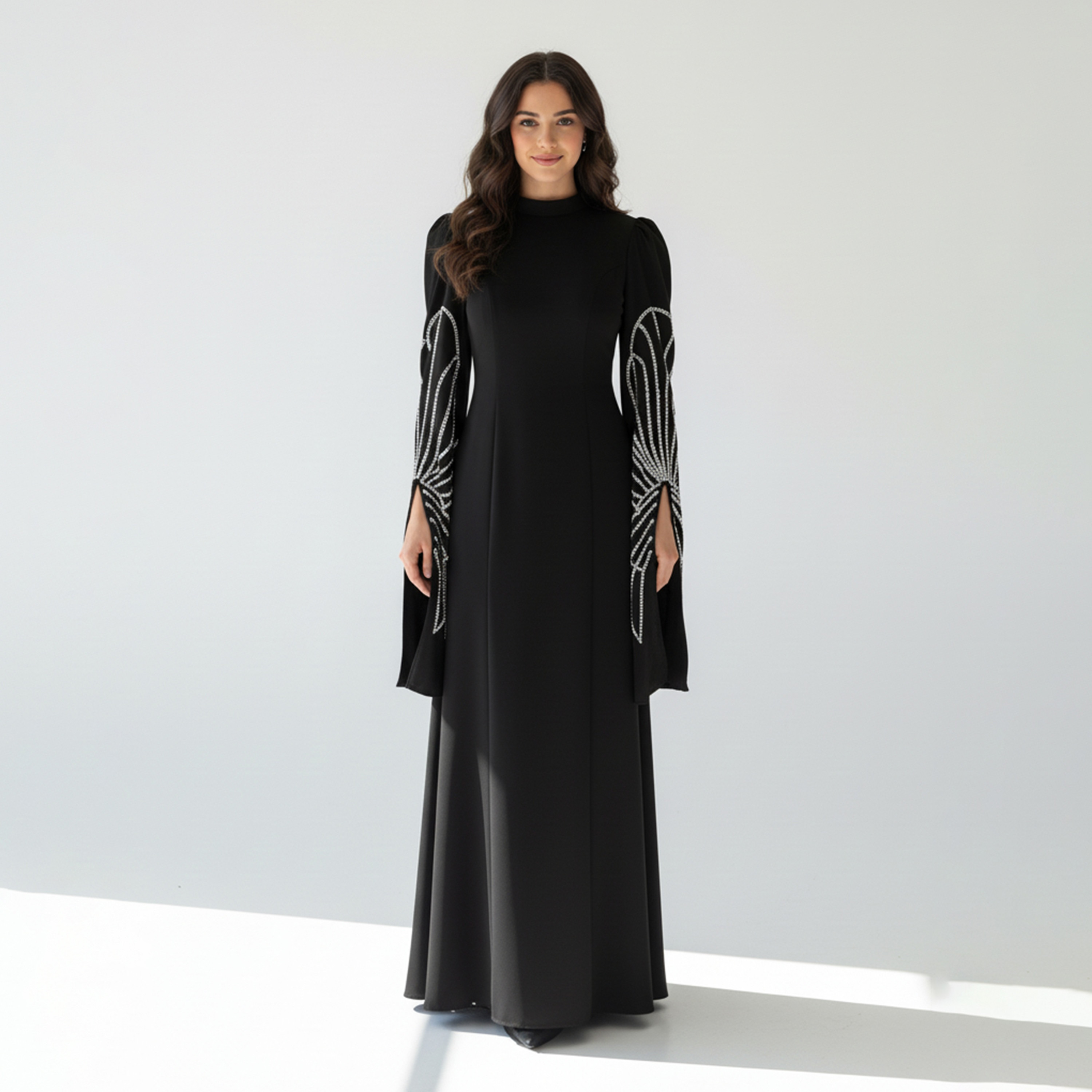 فستان سهرة ماكسي نسائي من قماش "كريب" بياقة عالية "موك نيك" وأكمام واسعة بفتحة ومزينة بالخرز من أكاديا-women-clothing-dresses-image-1