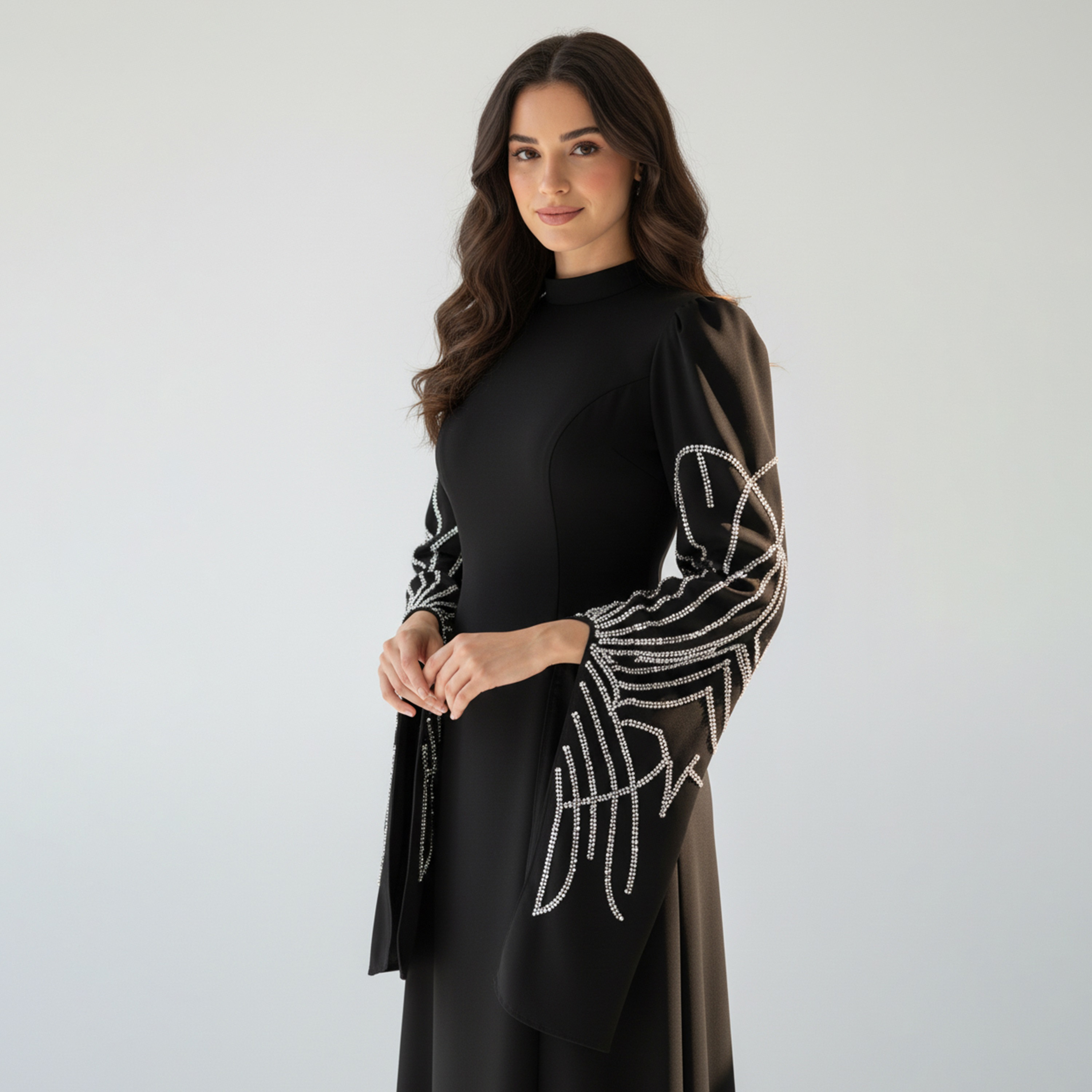 Akadia Beaded Wide Slit Sleeves Mock Neck Crepe Women's Evening Maxi Dress-women-clothing-dresses-image-3