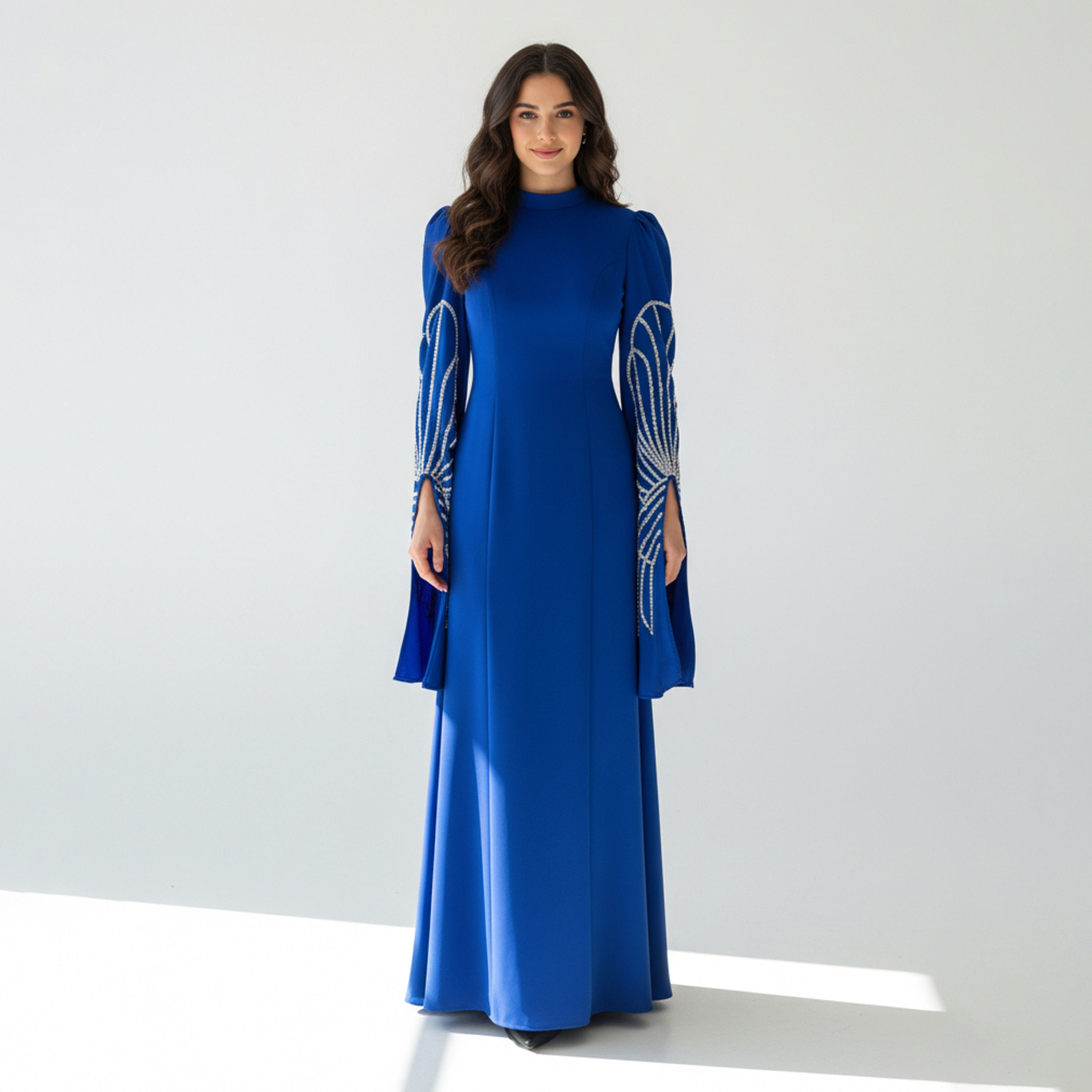 Akadia Beaded Wide Slit Sleeves Mock Neck Crepe Women's Evening Maxi Dress-women-clothing-dresses-image-10