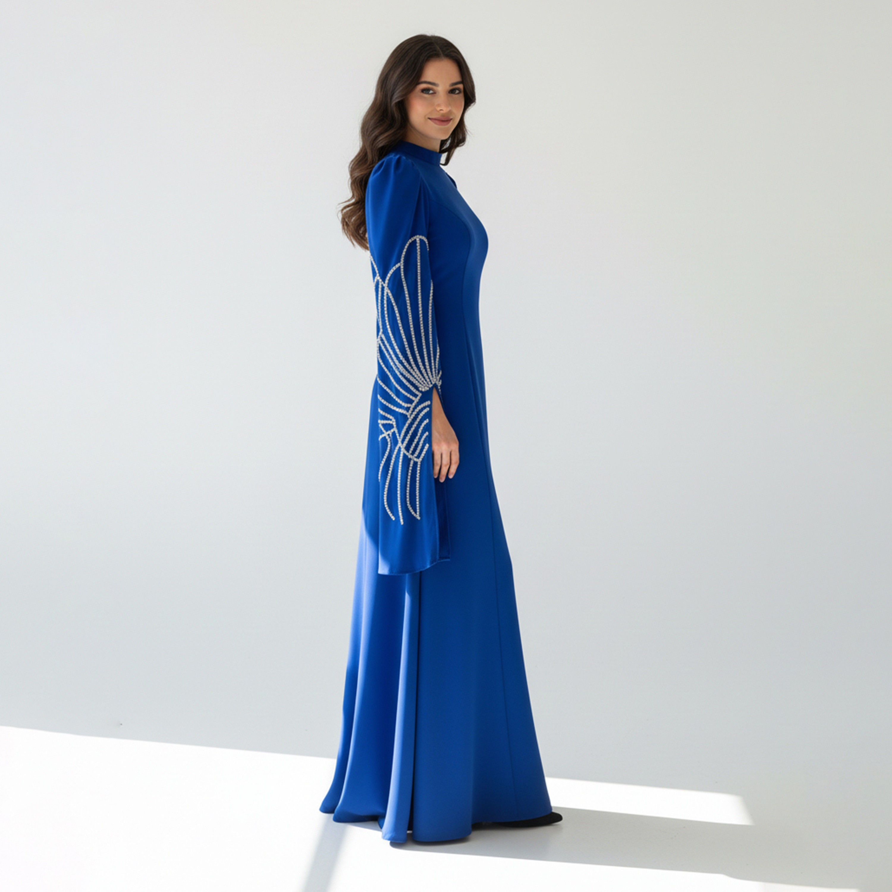 Akadia Beaded Wide Slit Sleeves Mock Neck Crepe Women's Evening Maxi Dress-women-clothing-dresses-image-11