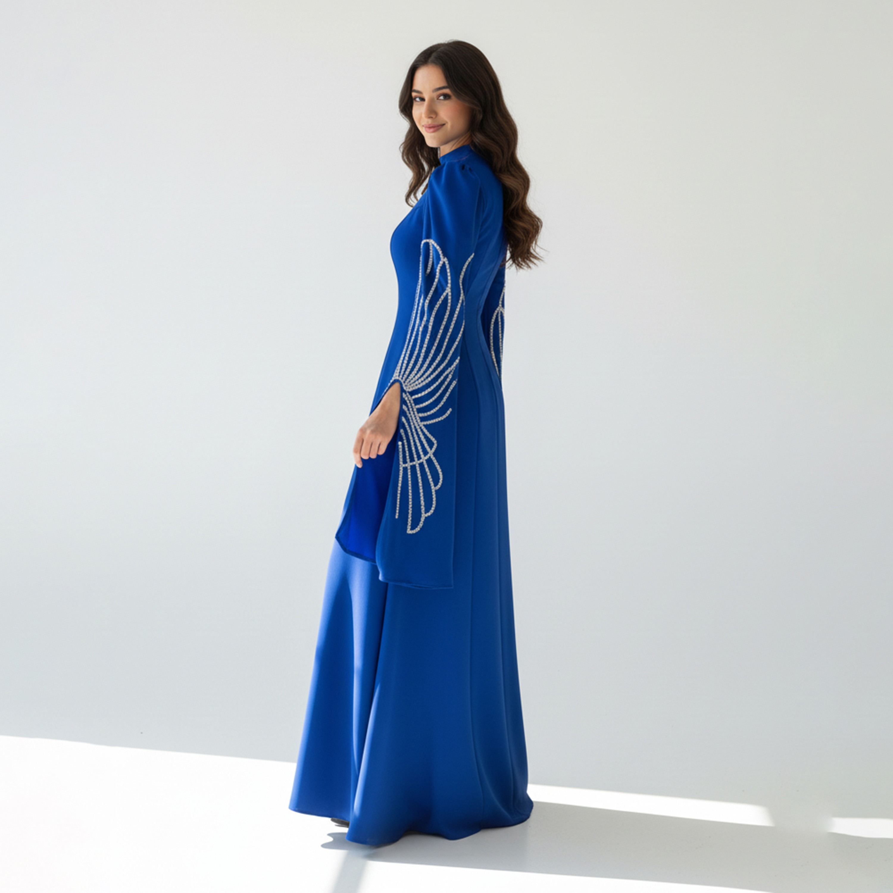 Akadia Beaded Wide Slit Sleeves Mock Neck Crepe Women's Evening Maxi Dress-women-clothing-dresses-image-12