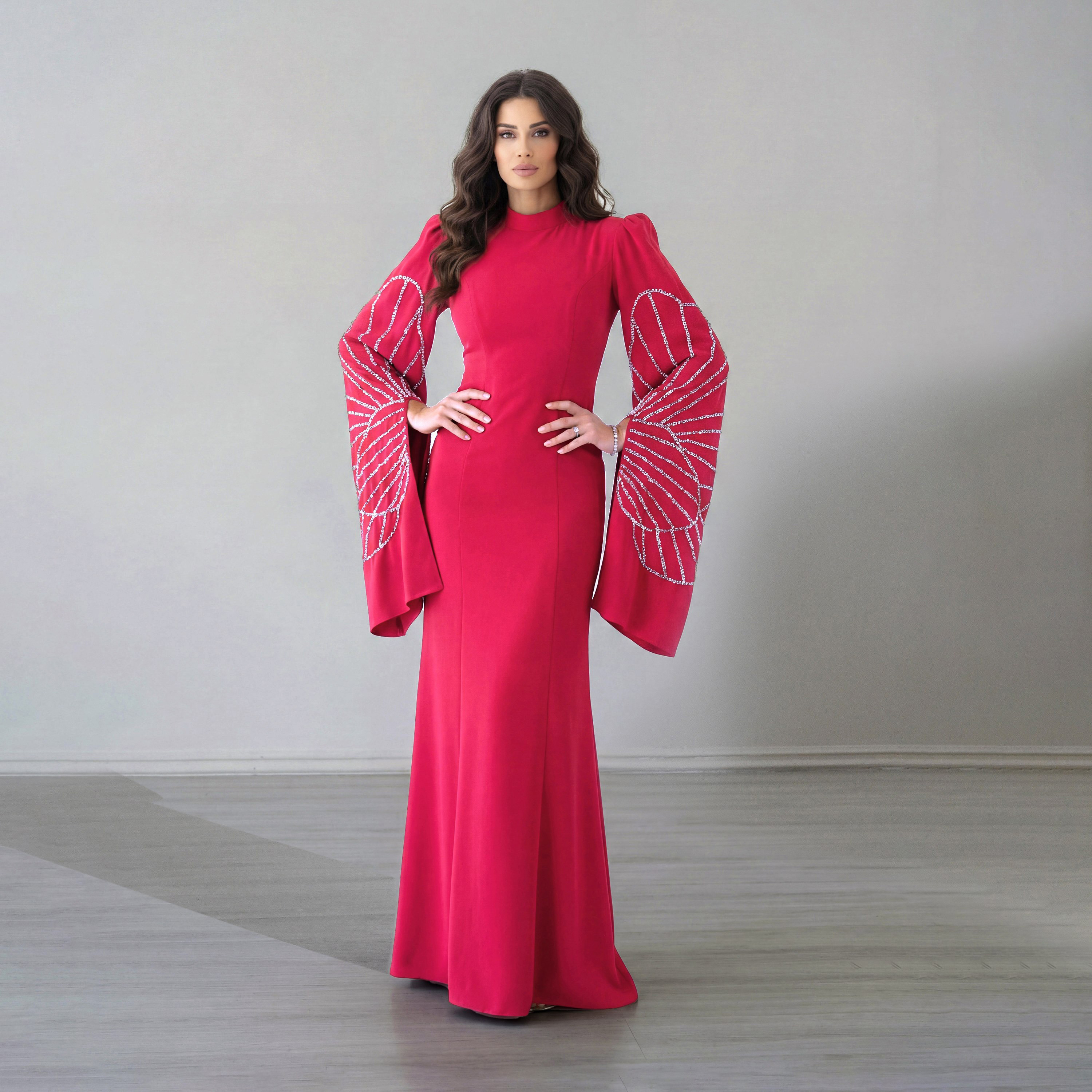 Akadia Beaded Wide Slit Sleeves Mock Neck Crepe Women's Evening Maxi Dress-women-clothing-dresses-image-7