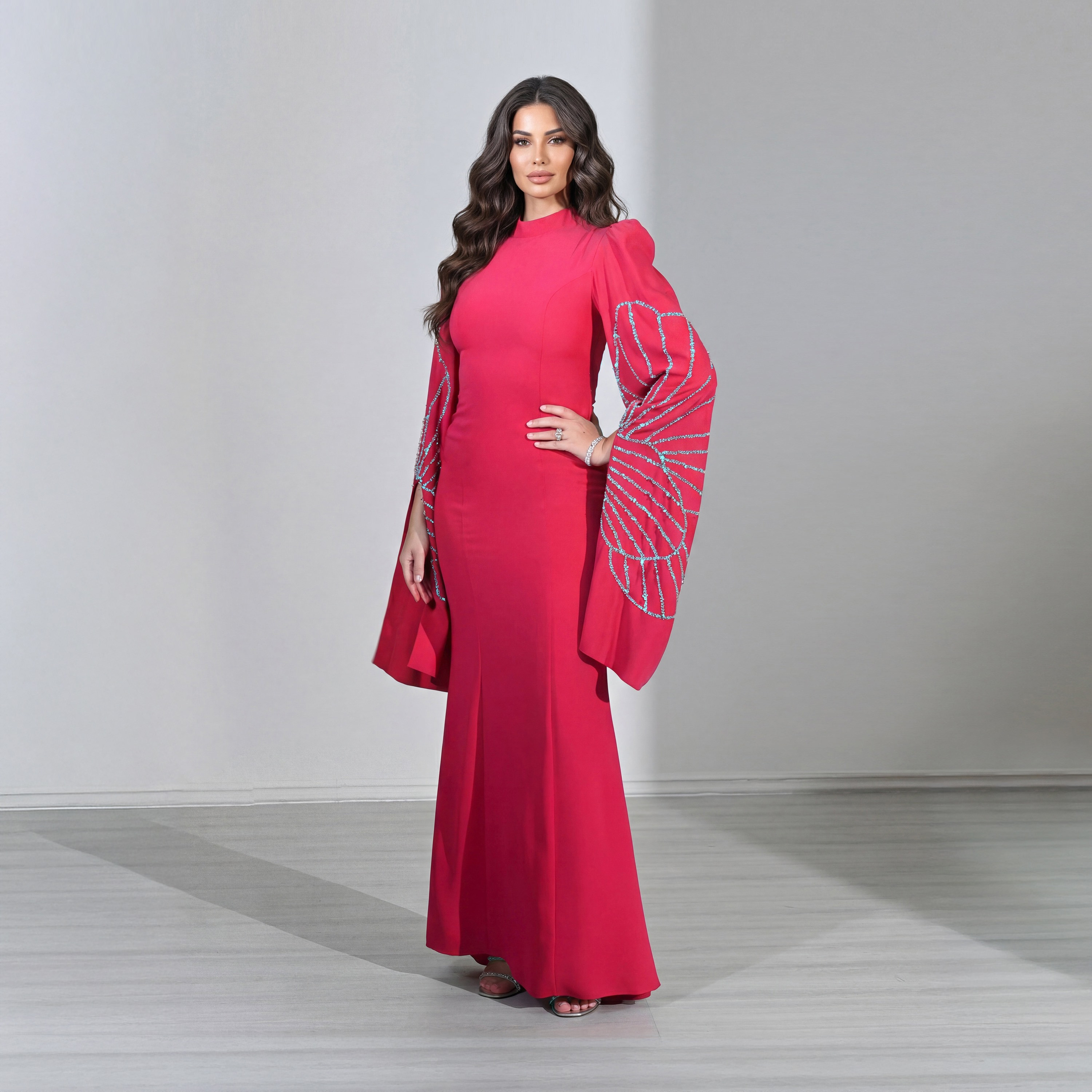 Akadia Beaded Wide Slit Sleeves Mock Neck Crepe Women's Evening Maxi Dress-women-clothing-dresses-image-8