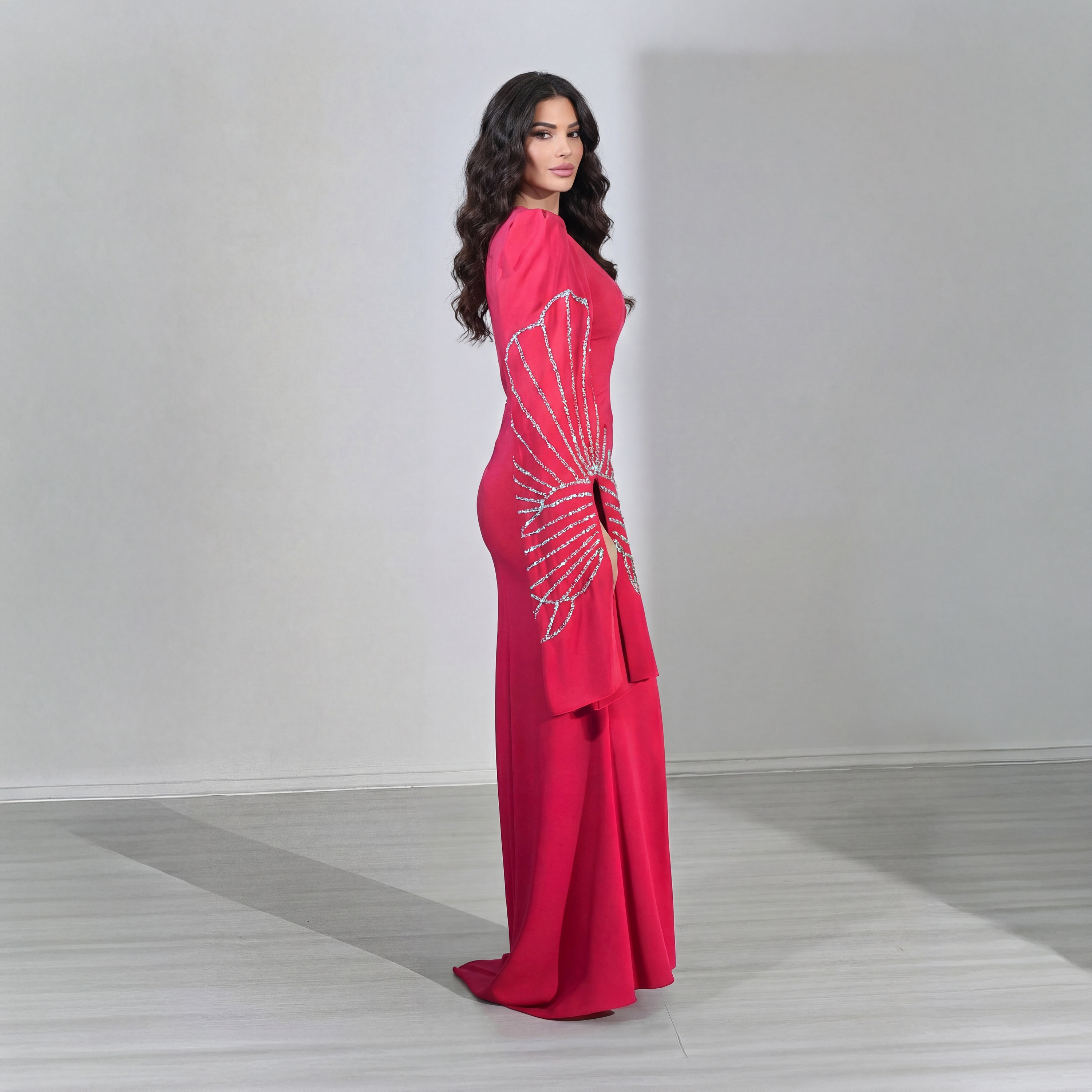 Akadia Beaded Wide Slit Sleeves Mock Neck Crepe Women's Evening Maxi Dress-women-clothing-dresses-image-9