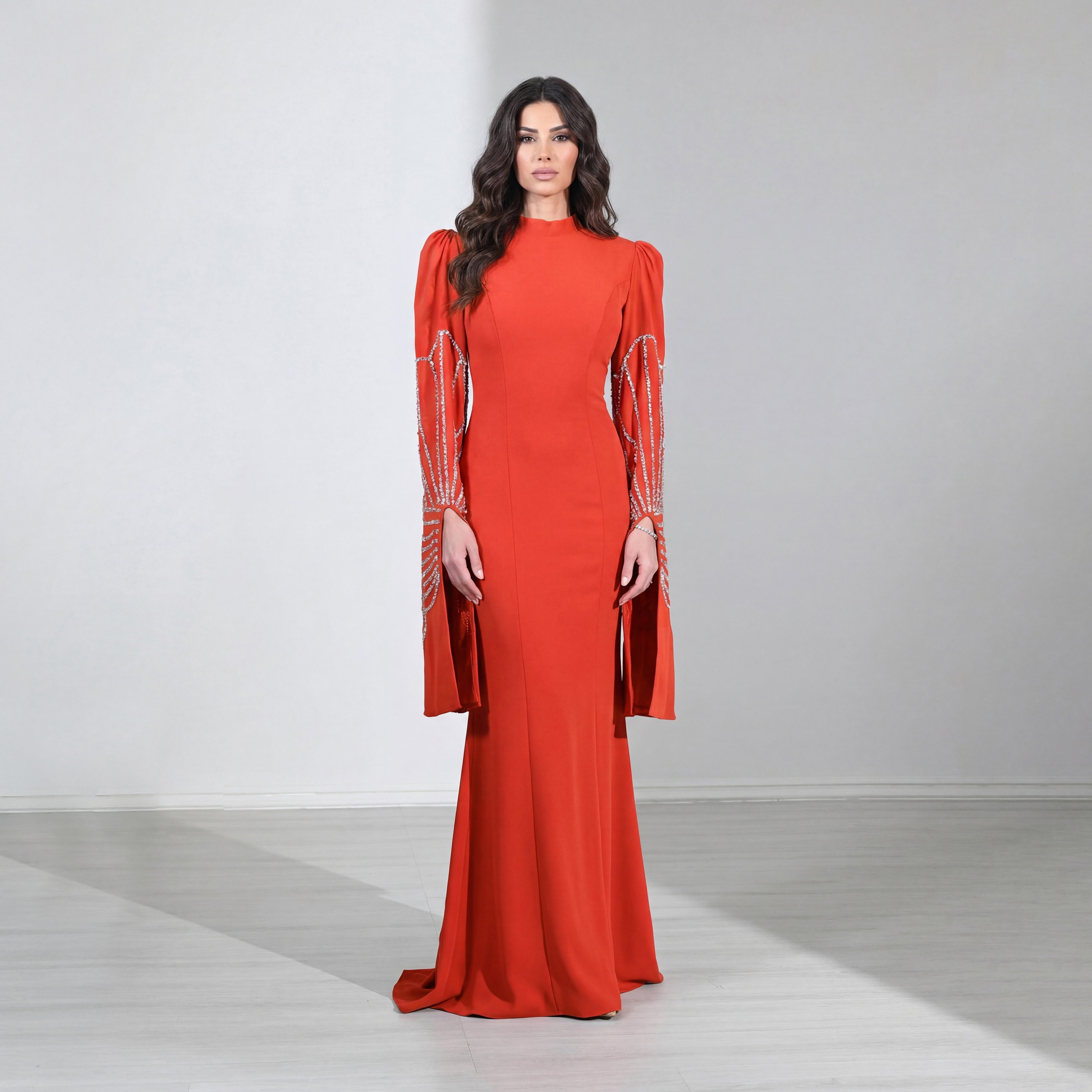 Akadia Beaded Wide Slit Sleeves Mock Neck Crepe Women's Evening Maxi Dress-women-clothing-dresses-image-4