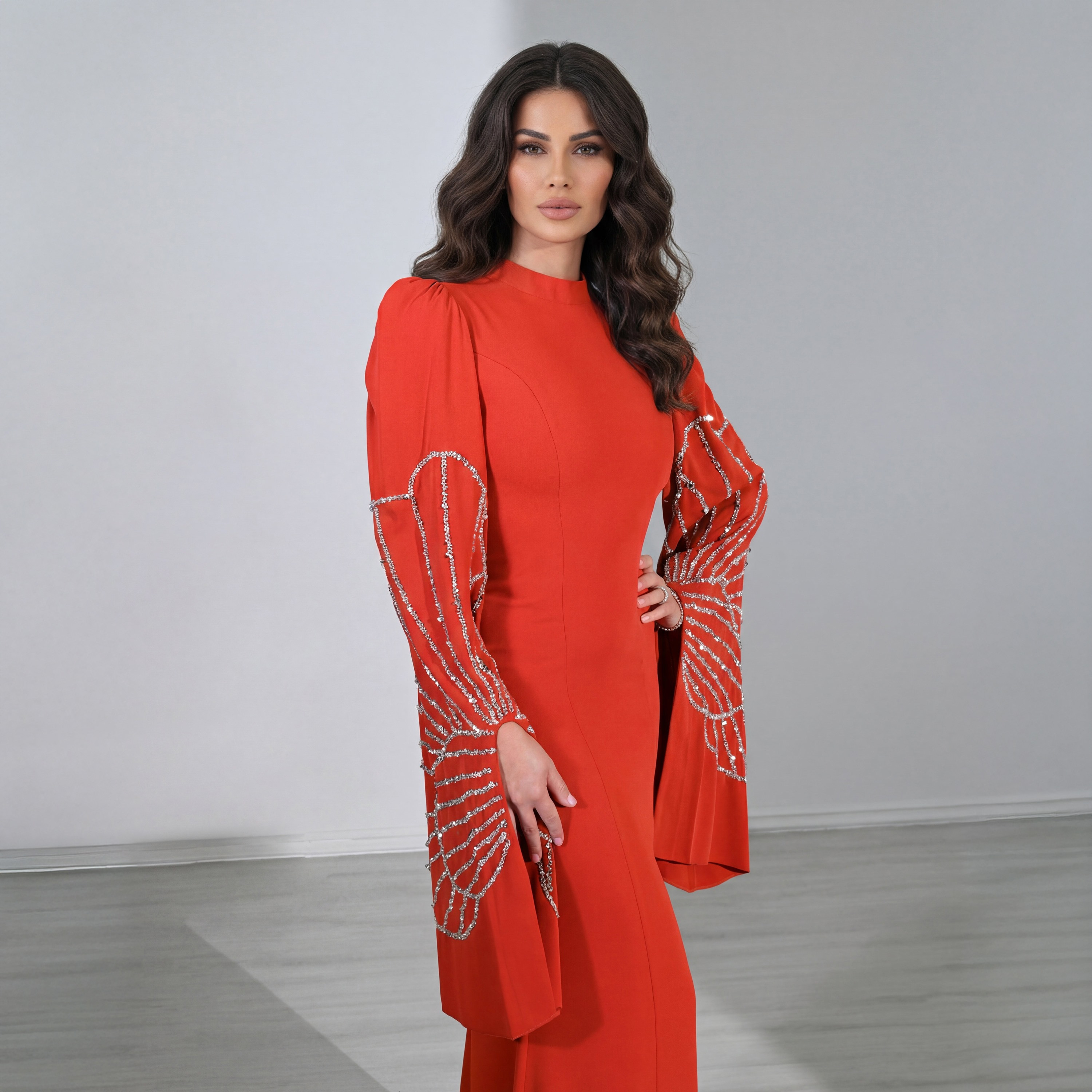 Akadia Beaded Wide Slit Sleeves Mock Neck Crepe Women's Evening Maxi Dress-women-clothing-dresses-image-5