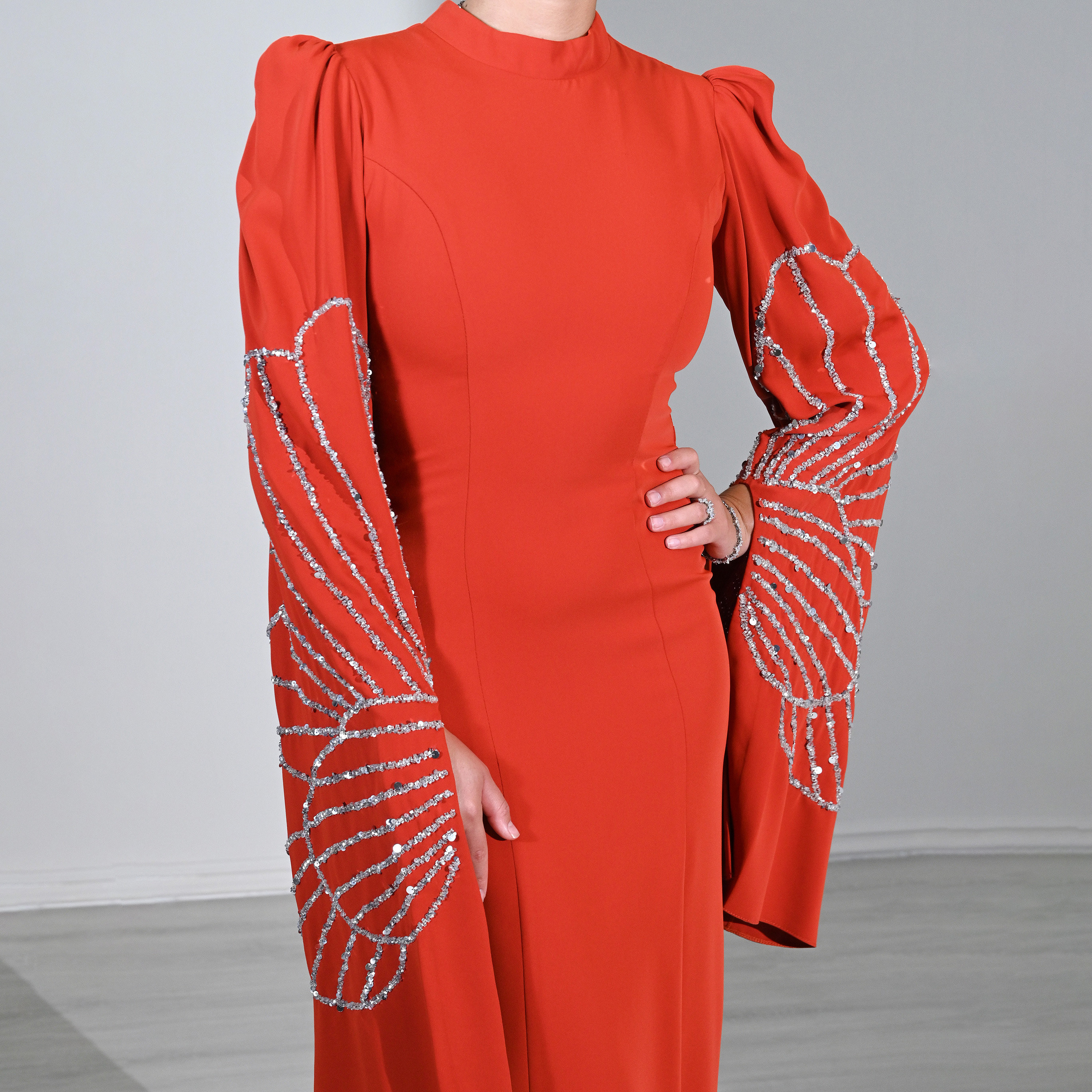 Akadia Beaded Wide Slit Sleeves Mock Neck Crepe Women's Evening Maxi Dress-women-clothing-dresses-image-6