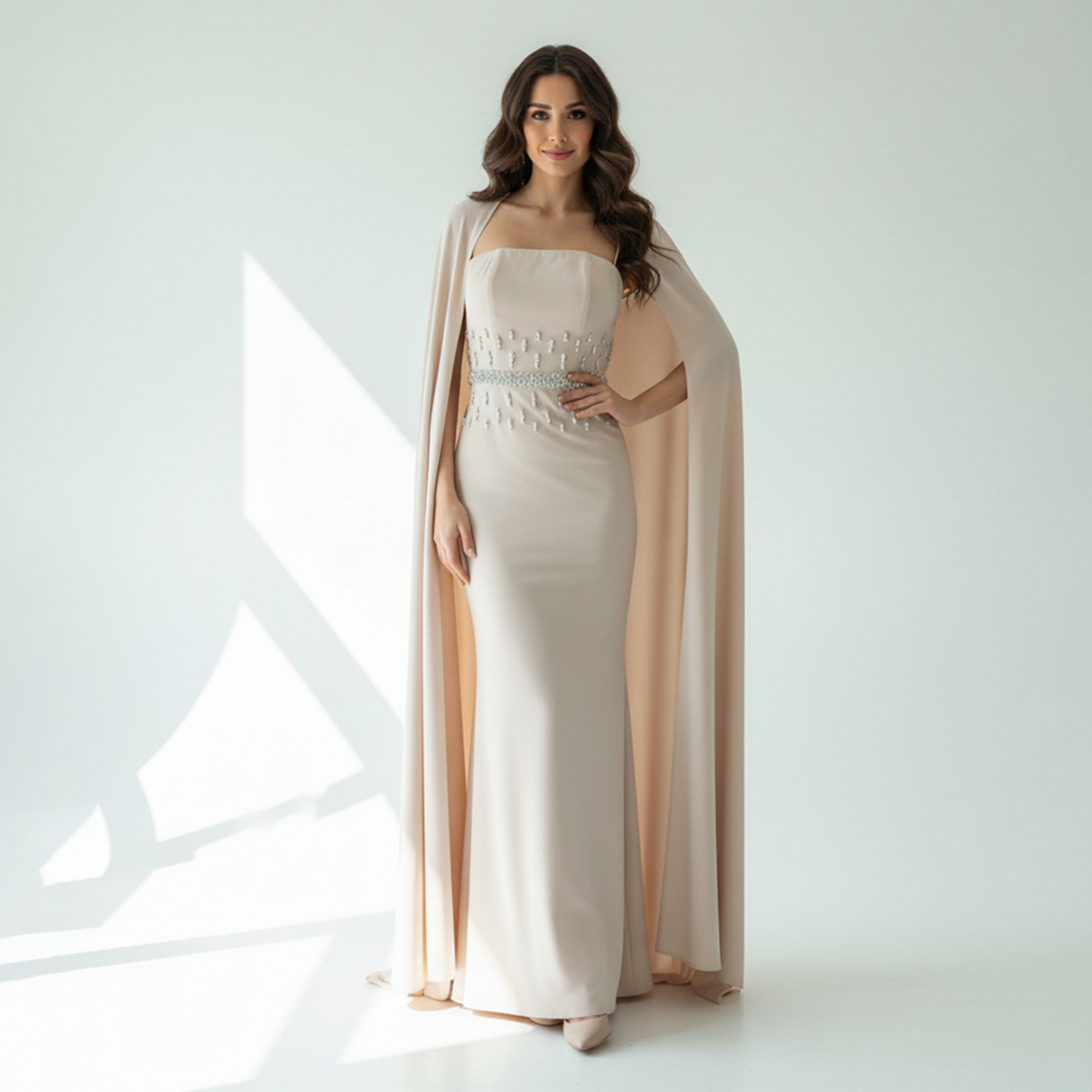 Akadia Embellished Crepe Column Women's Evening Maxi Dress with Cape Overlay-women-clothing-dresses-image-7