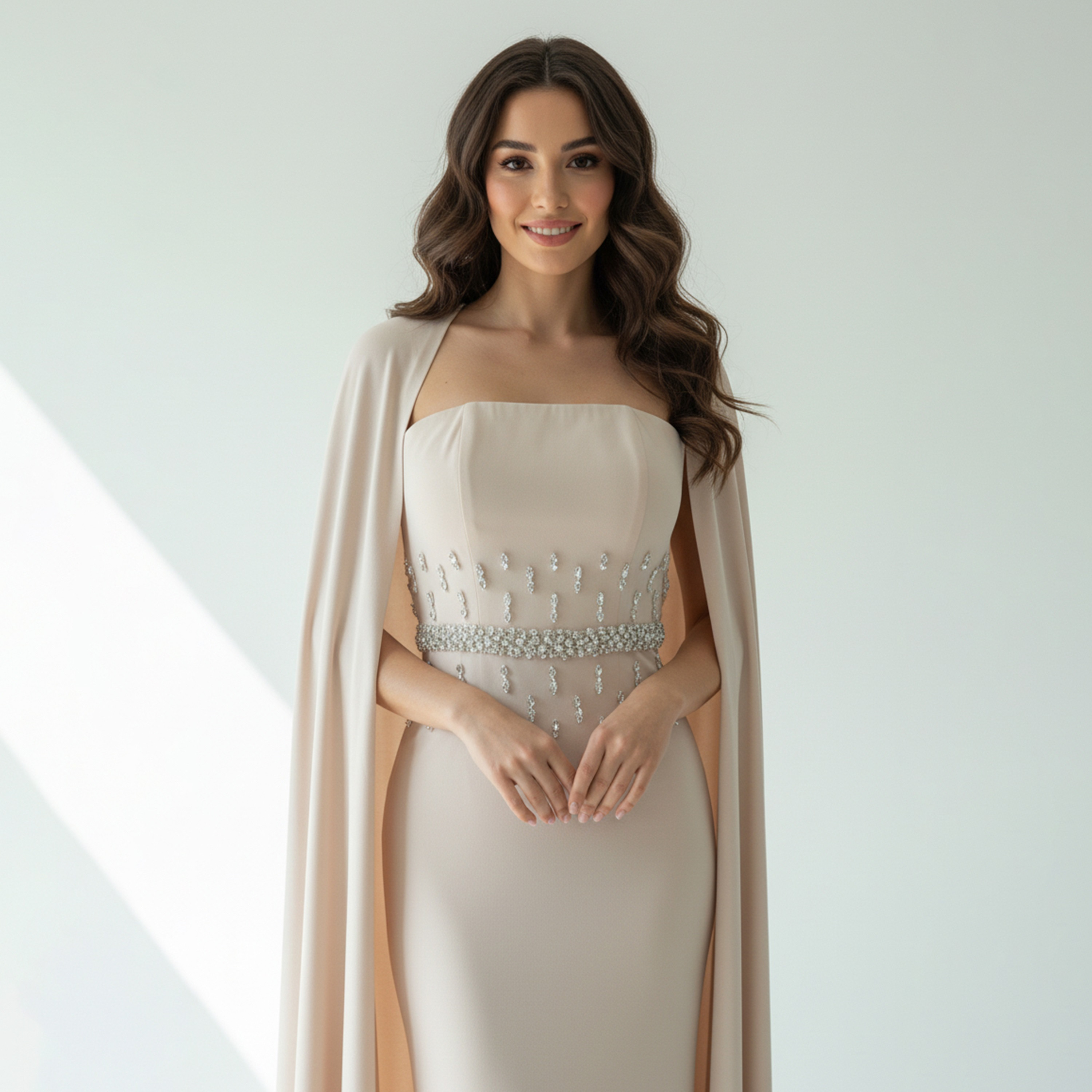 Akadia Embellished Crepe Column Women's Evening Maxi Dress with Cape Overlay-women-clothing-dresses-image-9