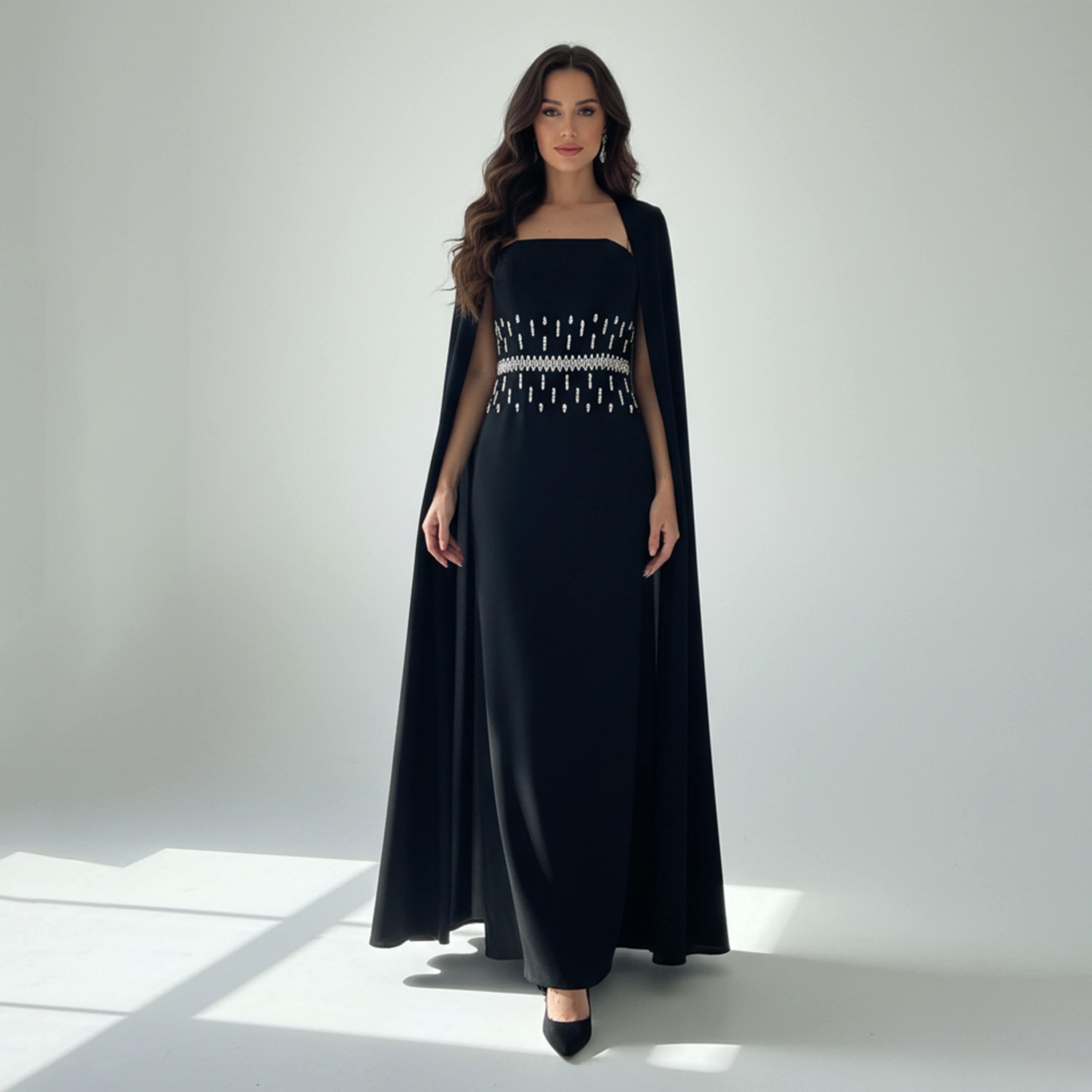 Akadia Embellished Crepe Column Women's Evening Maxi Dress with Cape Overlay-women-clothing-dresses-image-1