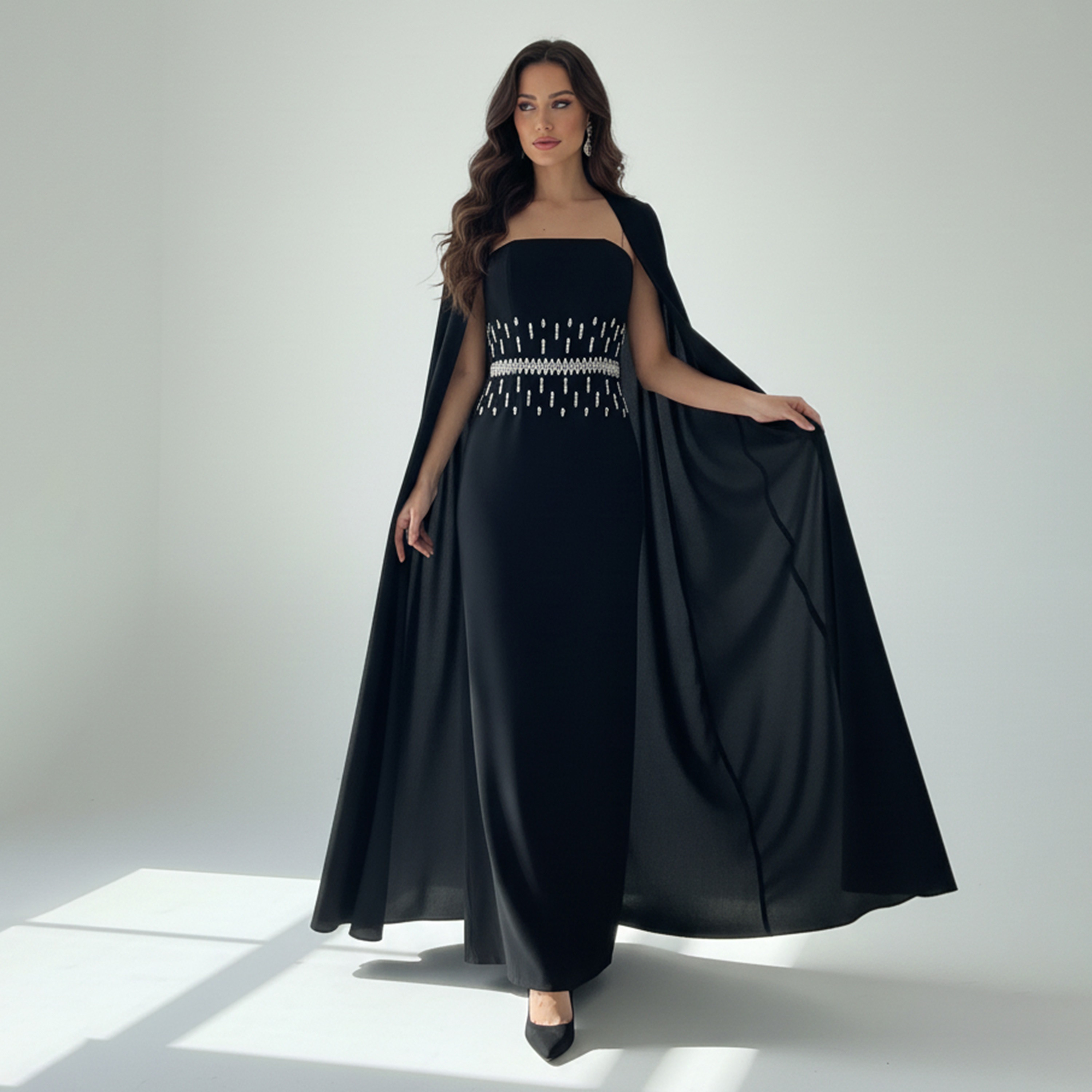 Akadia Embellished Crepe Column Women's Evening Maxi Dress with Cape Overlay-women-clothing-dresses-image-2
