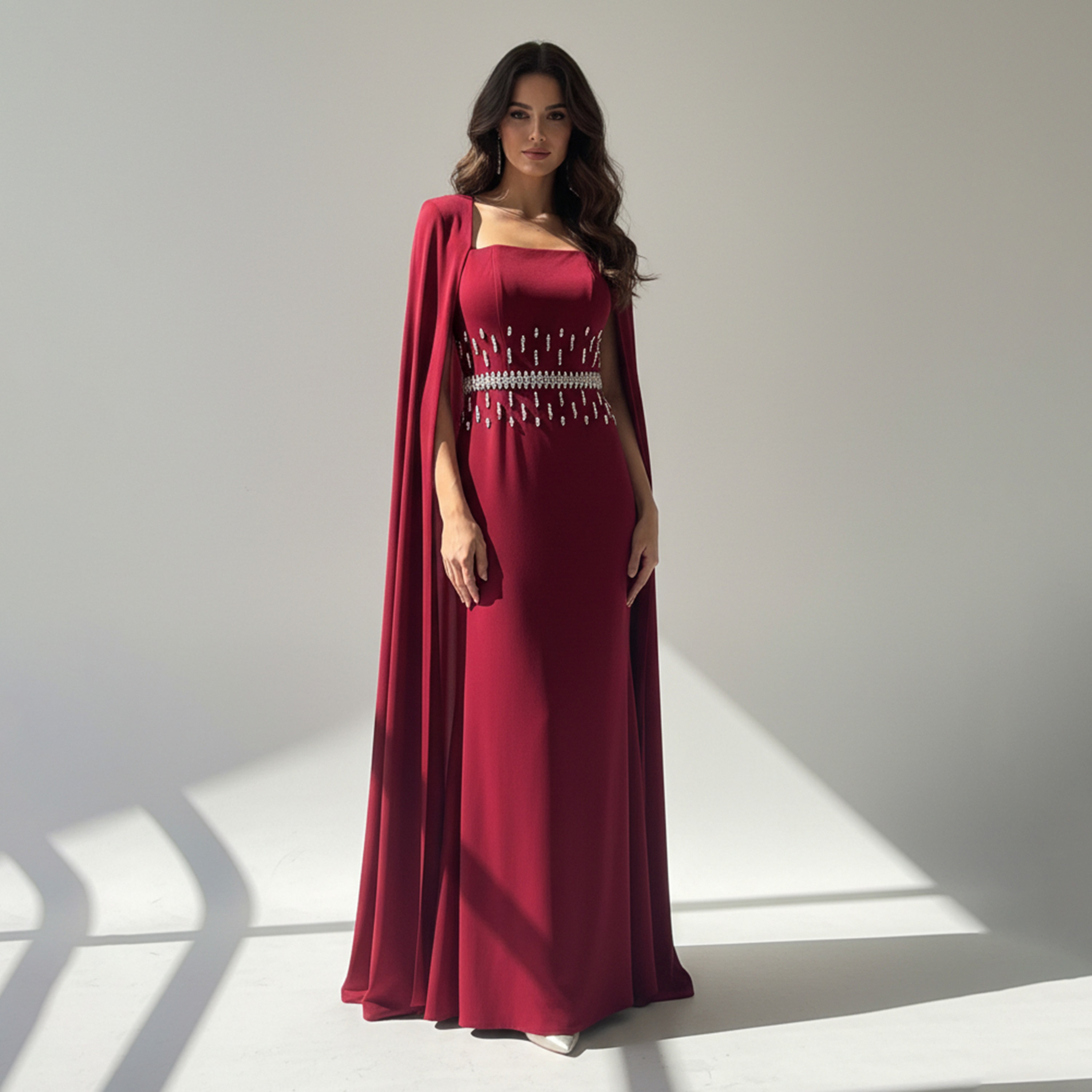 Akadia Embellished Crepe Column Women's Evening Maxi Dress with Cape Overlay-women-clothing-dresses-image-1