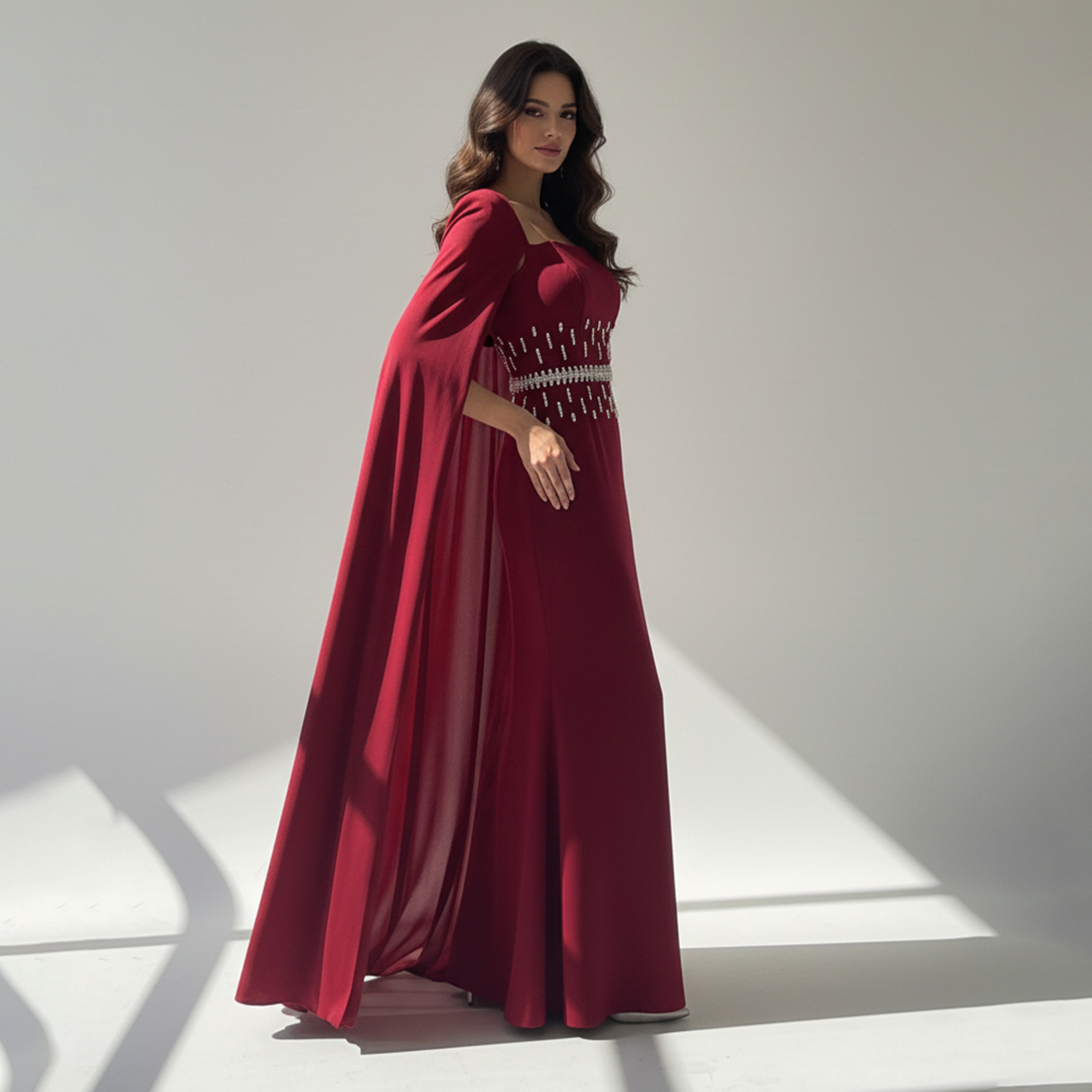 Akadia Embellished Crepe Column Women's Evening Maxi Dress with Cape Overlay-women-clothing-dresses-image-2