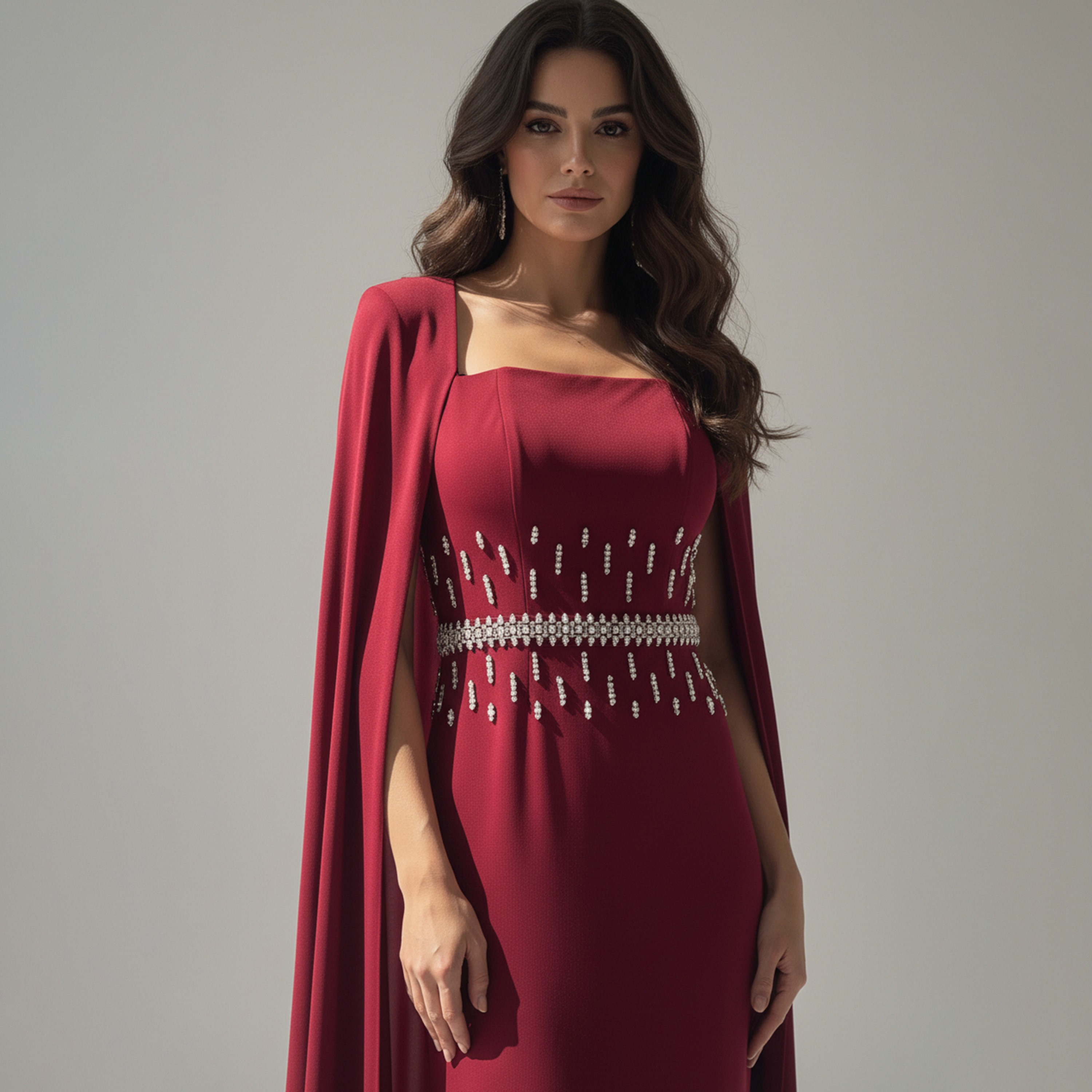 Akadia Embellished Crepe Column Women's Evening Maxi Dress with Cape Overlay-women-clothing-dresses-image-3