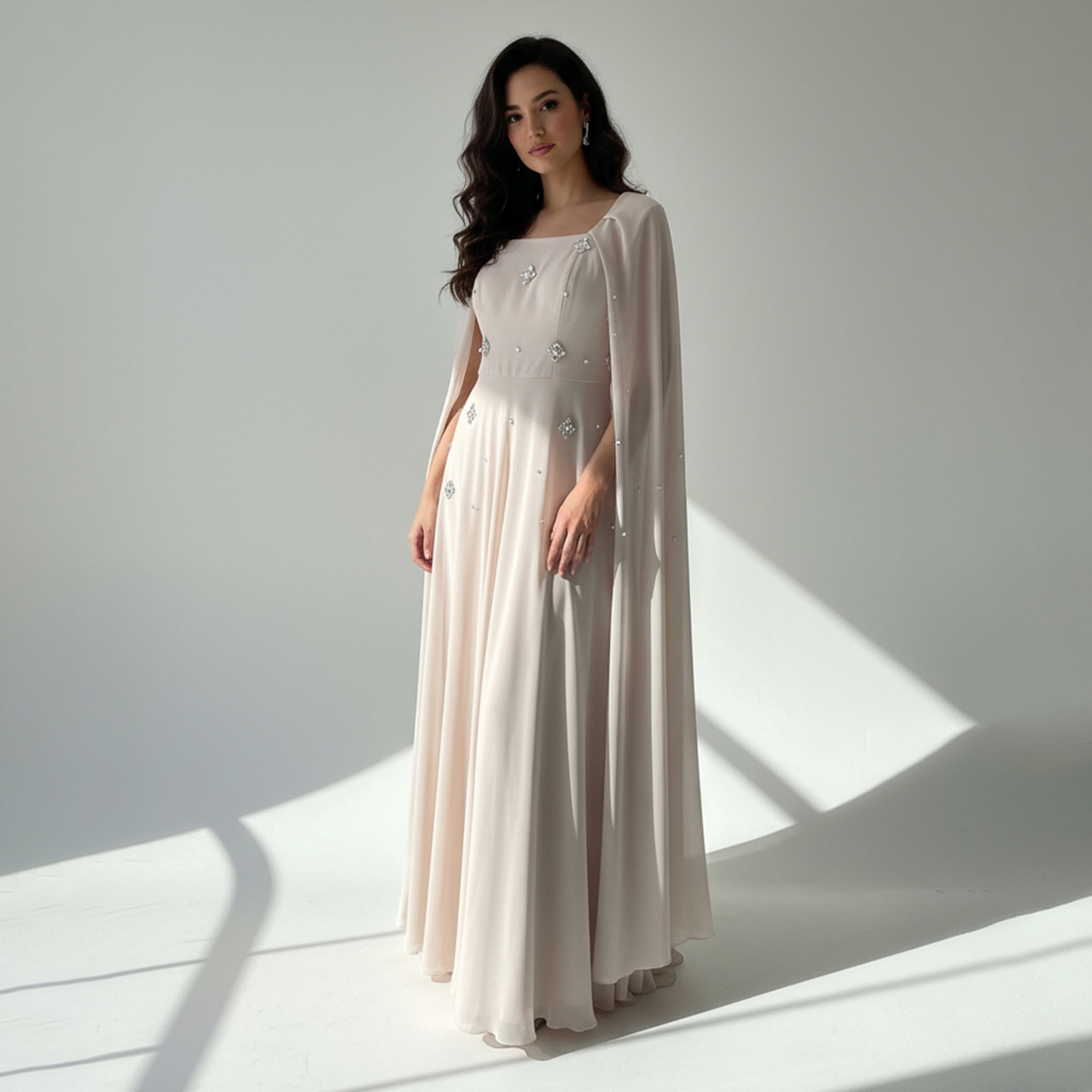 فستان سهرة ماكسي نسائي قصة "فت آند فلير" من الشيفون بياقة مربعة وأكمام "كيب" ومزين بأحجار الراين من أكاديا-women-clothing-dresses-image-4