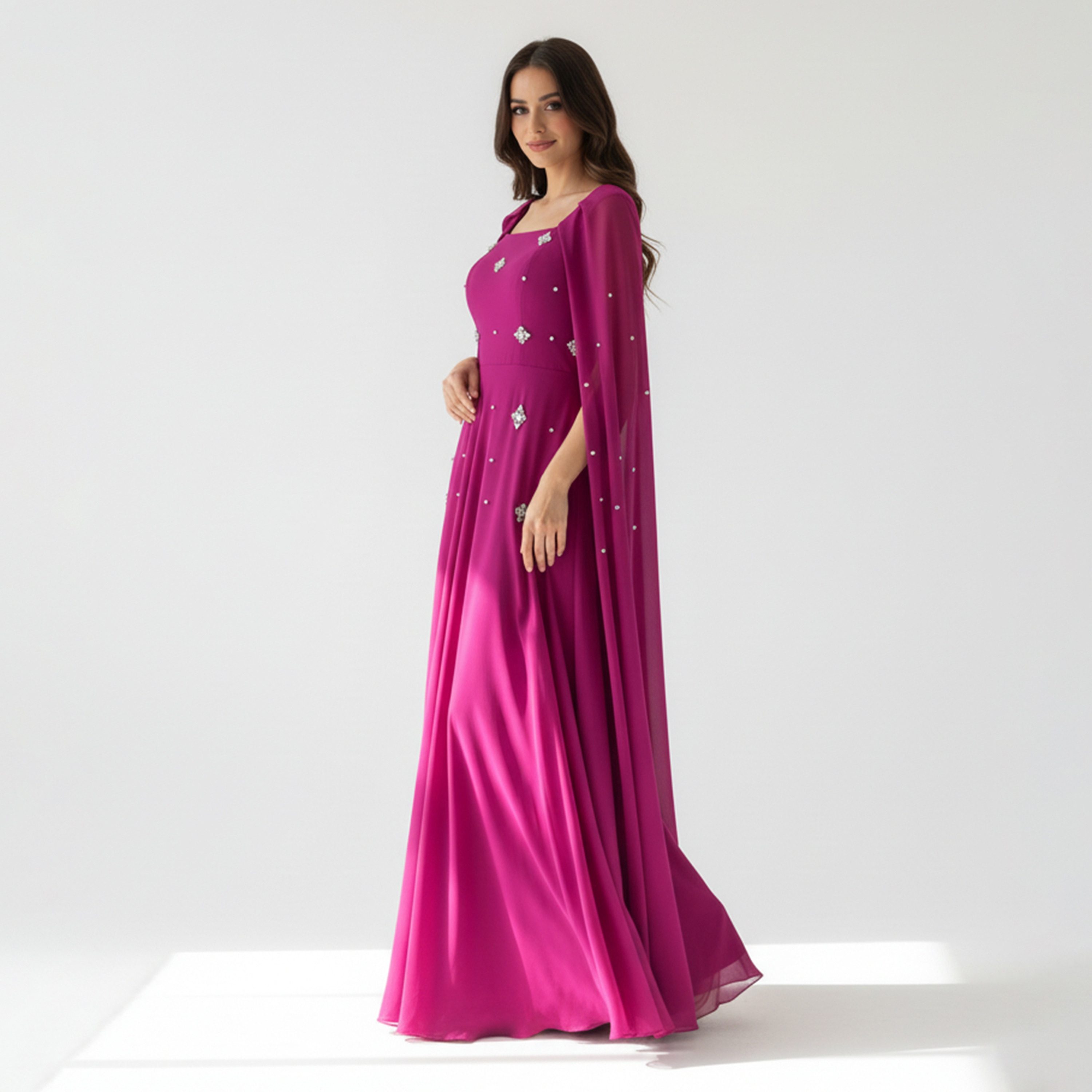 Akadia Rhinestone Detailed Chiffon Square Neck Cape Sleeves Fit & Flared Women's Evening Maxi Dress-women-clothing-dresses-image-2