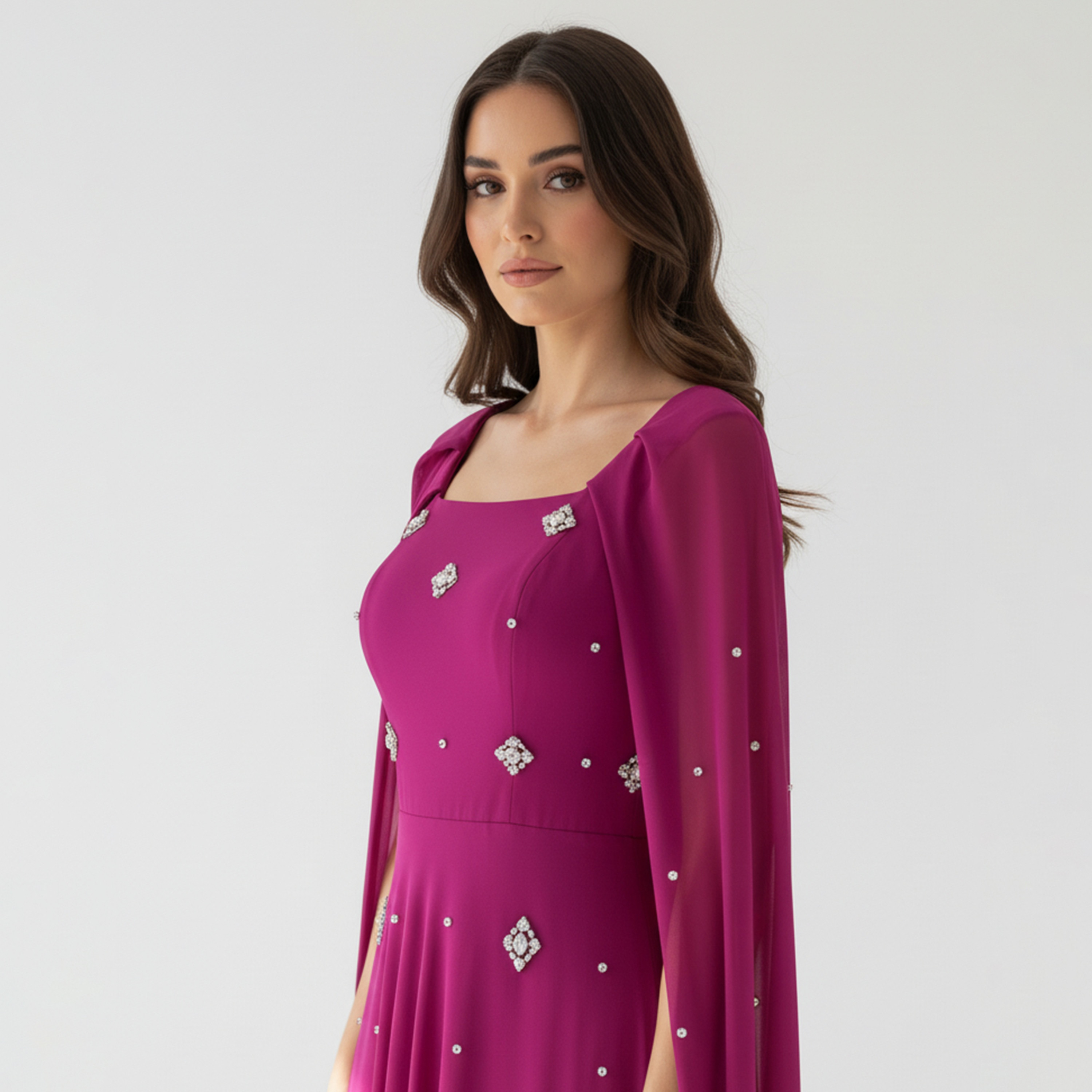 Akadia Rhinestone Detailed Chiffon Square Neck Cape Sleeves Fit & Flared Women's Evening Maxi Dress-women-clothing-dresses-image-3