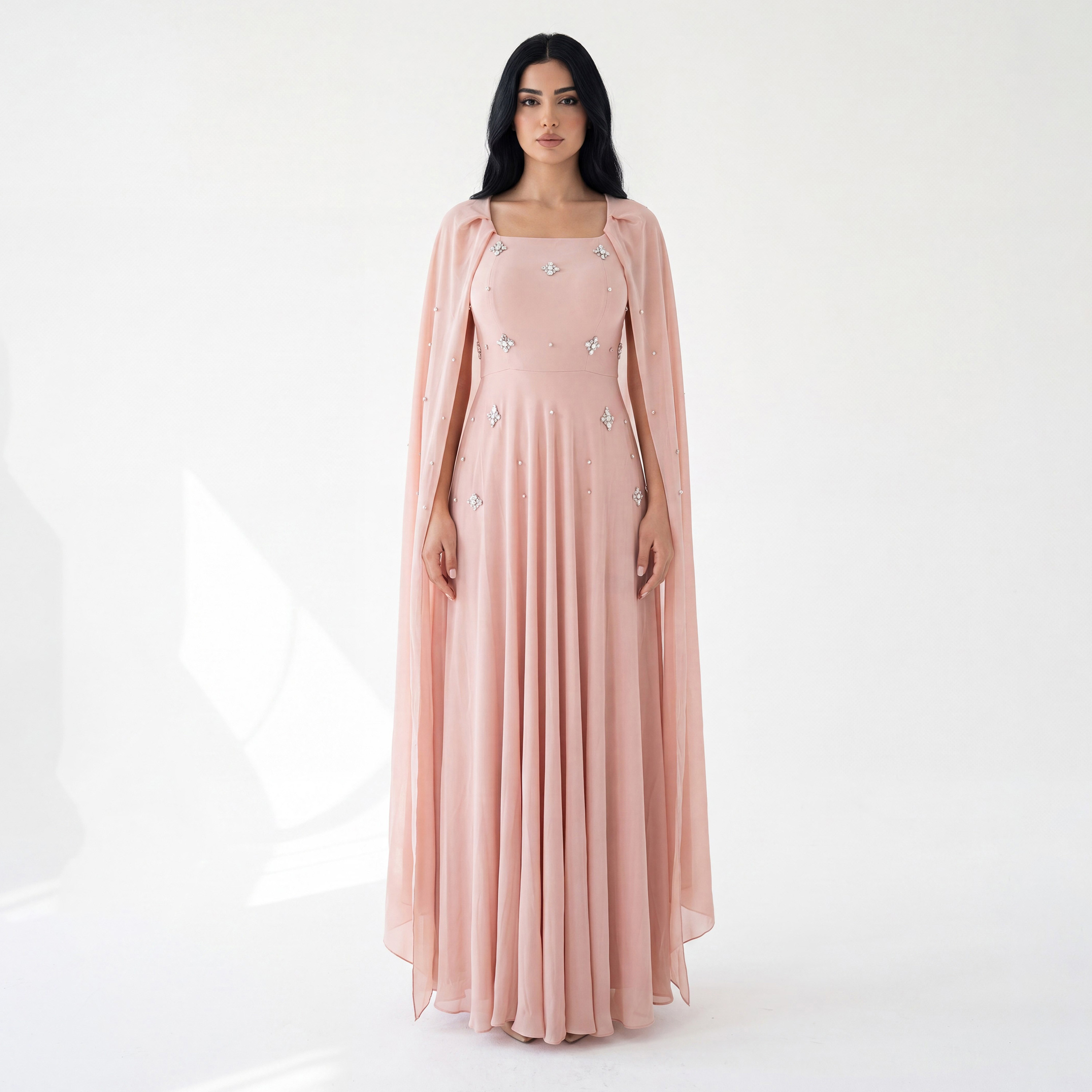 فستان سهرة ماكسي نسائي بتصميم "كيب" من قماش "كريب" مع ياقة مزينة بالكريستال من أكاديا-women-clothing-dresses-image-1