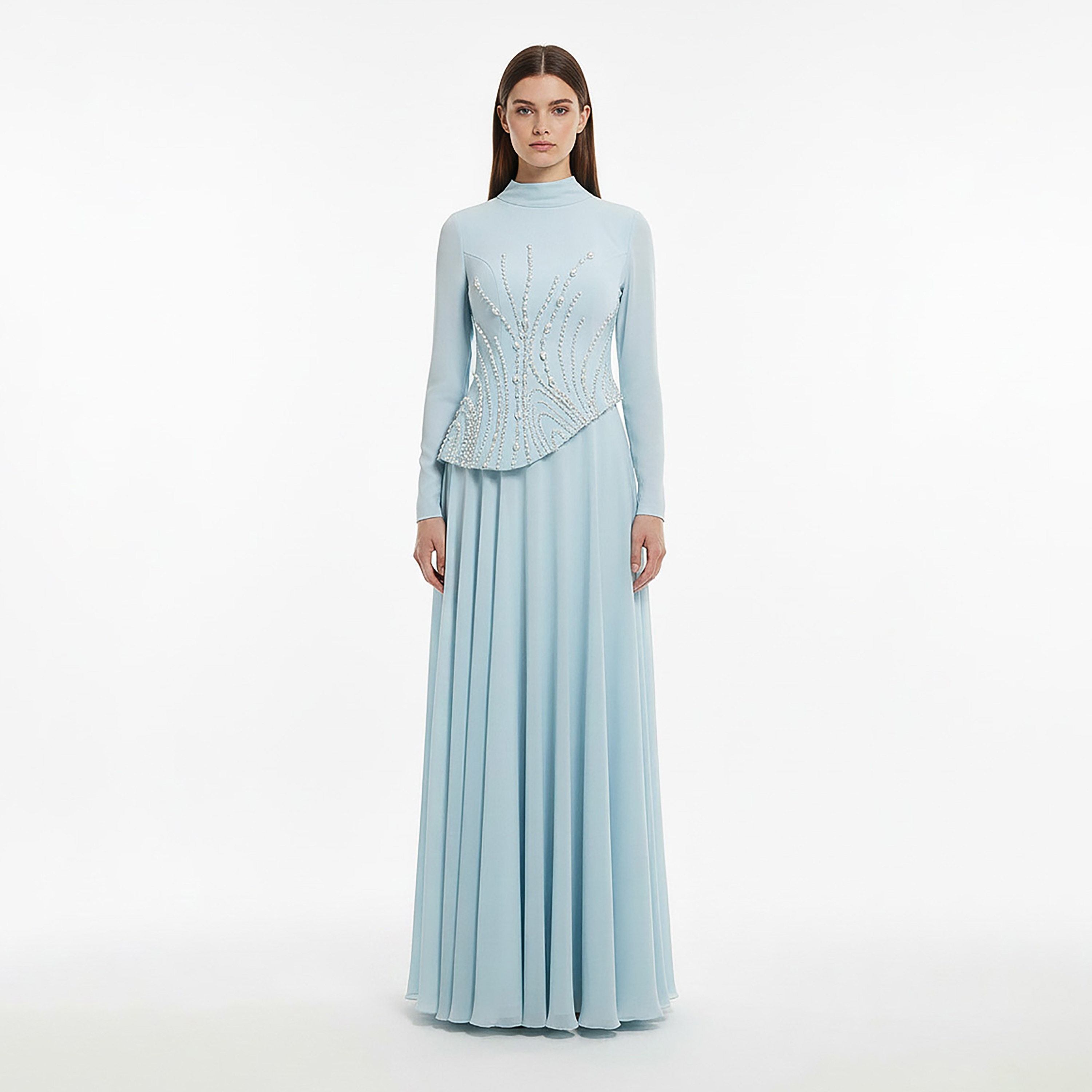 Akadia Pearl Embellished Crepe Chiffon Mock Neck Fit & Flared Women's Evening Maxi Dress-women-clothing-dresses-image-1