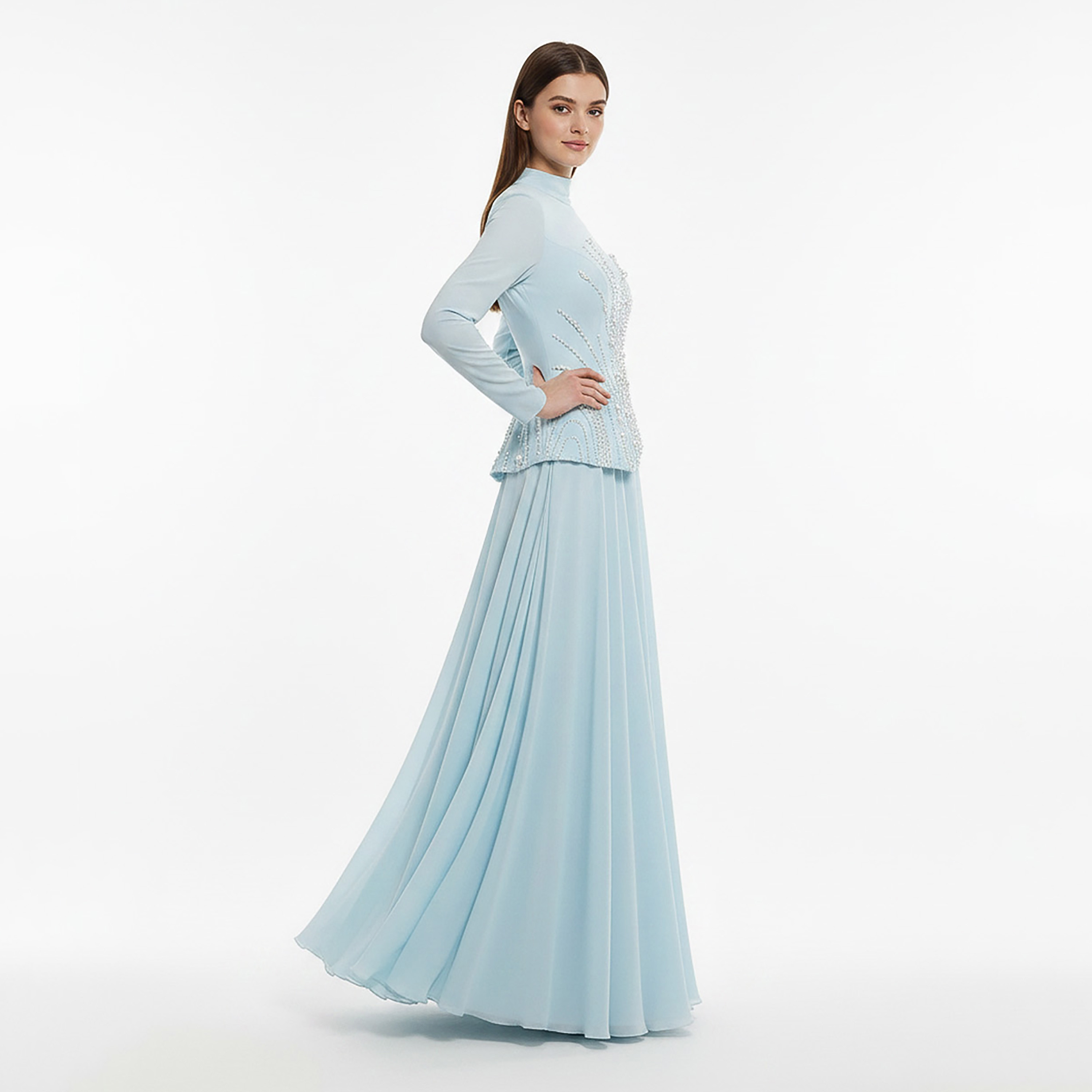Akadia Pearl Embellished Crepe Chiffon Mock Neck Fit & Flared Women's Evening Maxi Dress-women-clothing-dresses-image-2