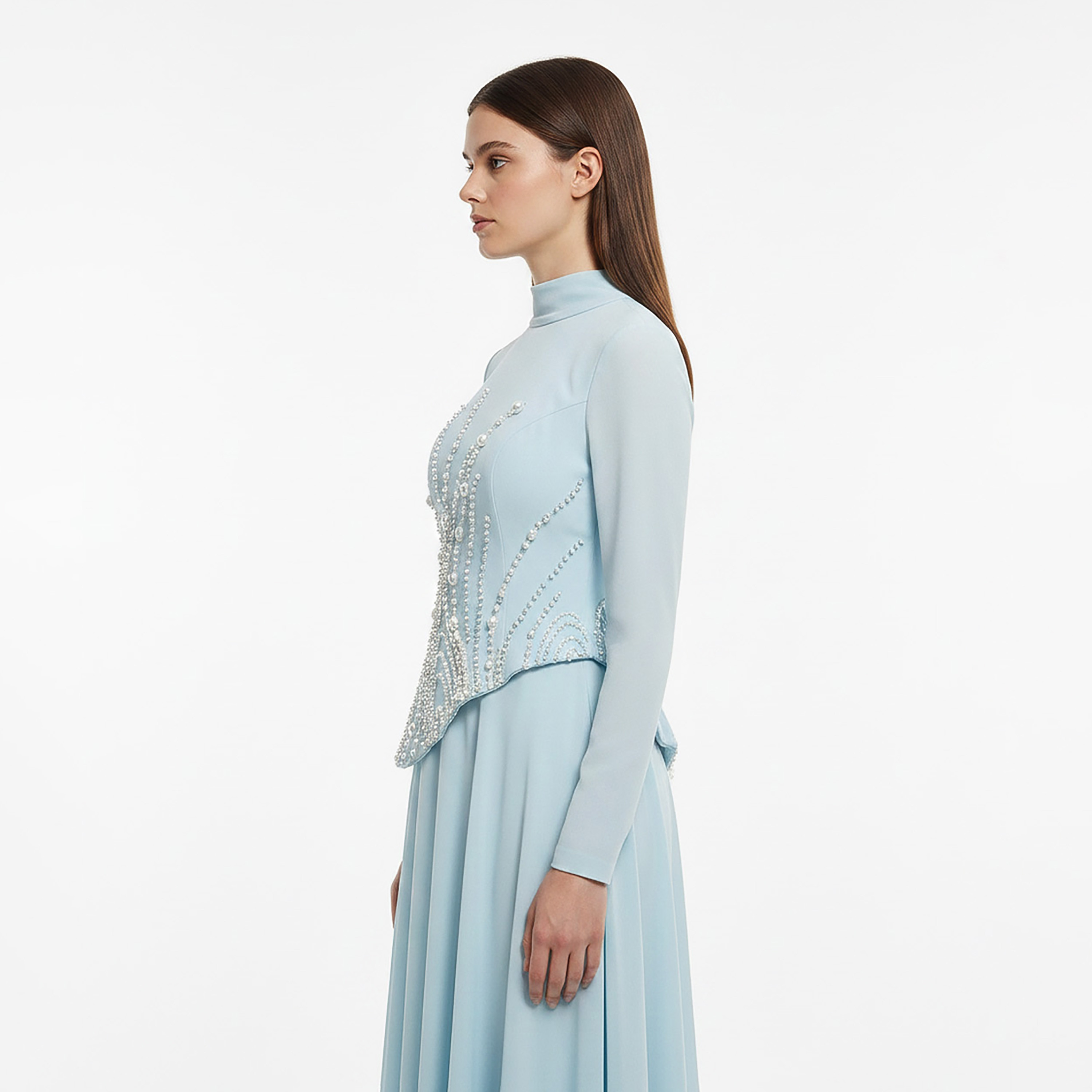 Akadia Pearl Embellished Crepe Chiffon Mock Neck Fit & Flared Women's Evening Maxi Dress-women-clothing-dresses-image-3