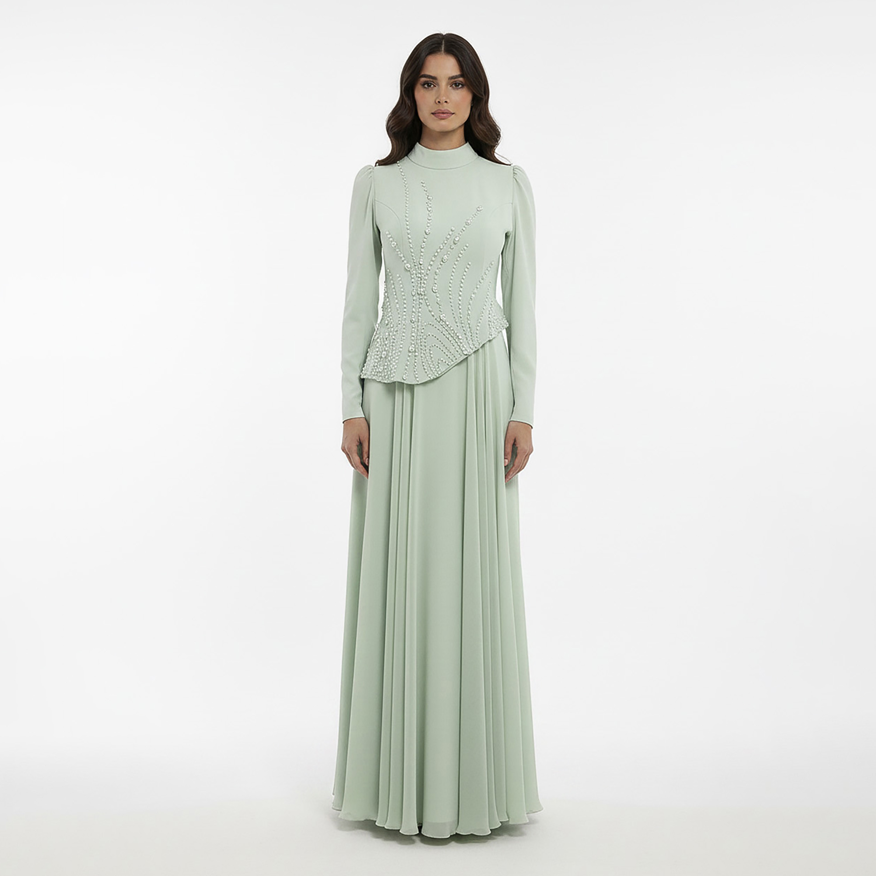 Akadia Pearl Embellished Crepe Chiffon Mock Neck Fit & Flared Women's Evening Maxi Dress-women-clothing-dresses-image-1