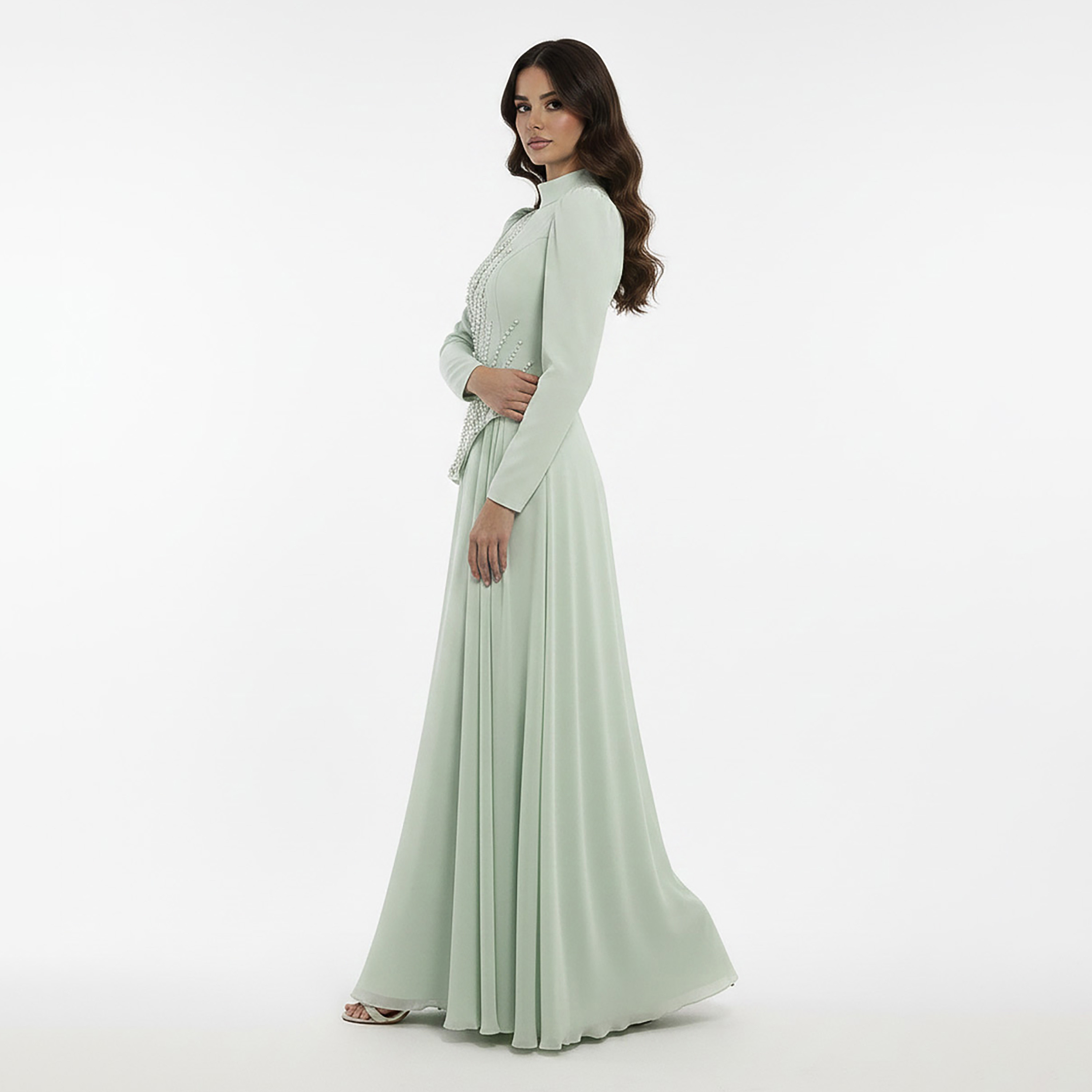 Akadia Pearl Embellished Crepe Chiffon Mock Neck Fit & Flared Women's Evening Maxi Dress-women-clothing-dresses-image-2