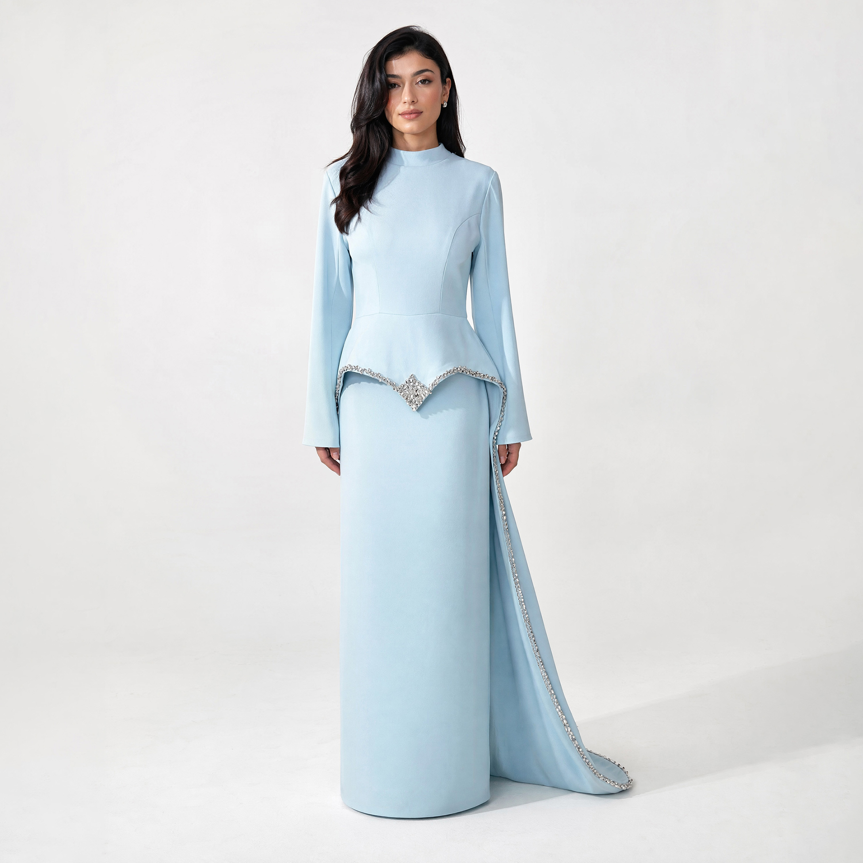 Akadia Crystal Detailed Crepe Mock Neck Column Women's Evening Maxi Dress-women-clothing-dresses-image-1