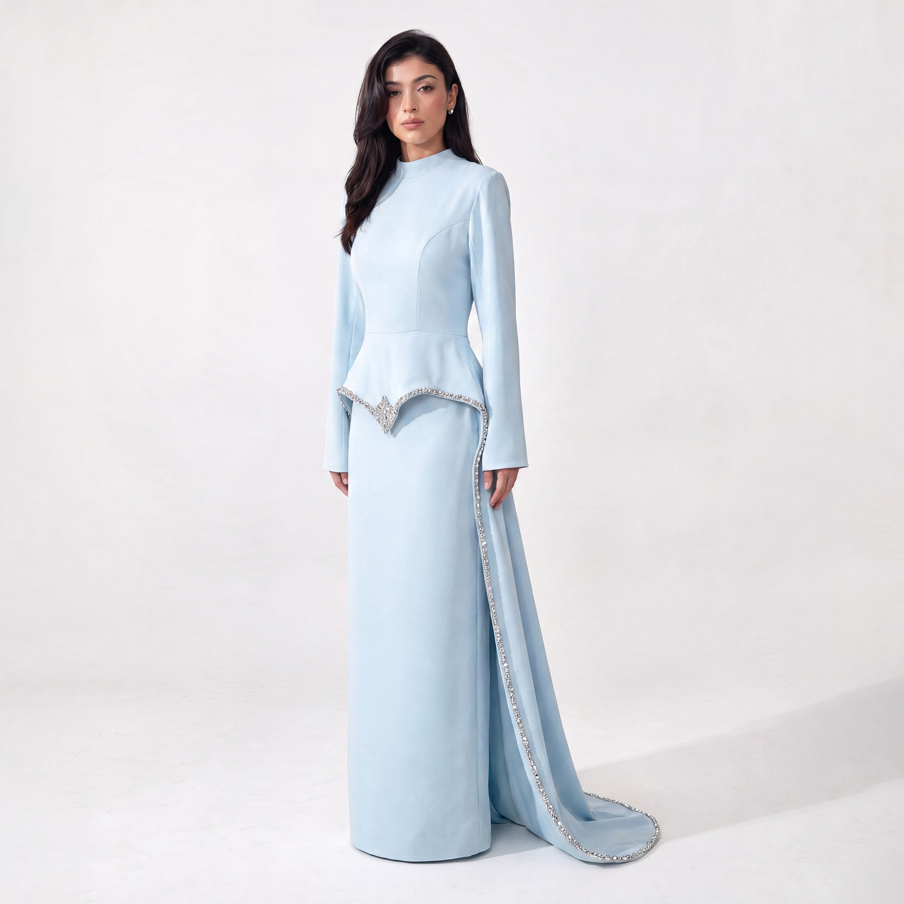 Akadia Crystal Detailed Crepe Mock Neck Column Women's Evening Maxi Dress-women-clothing-dresses-image-3