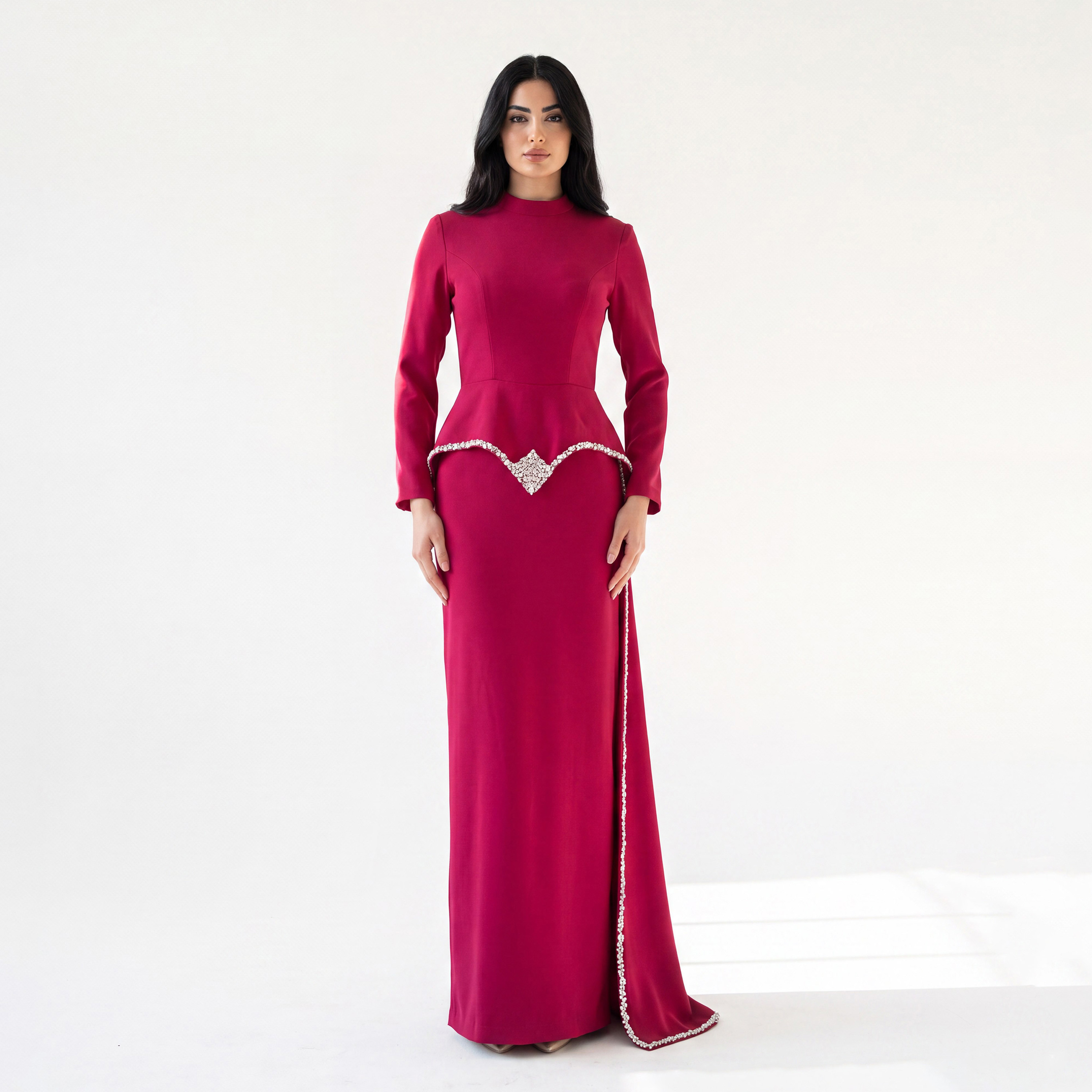 Akadia Crystal Detailed Crepe Mock Neck Column Women's Evening Maxi Dress-women-clothing-dresses-image-1