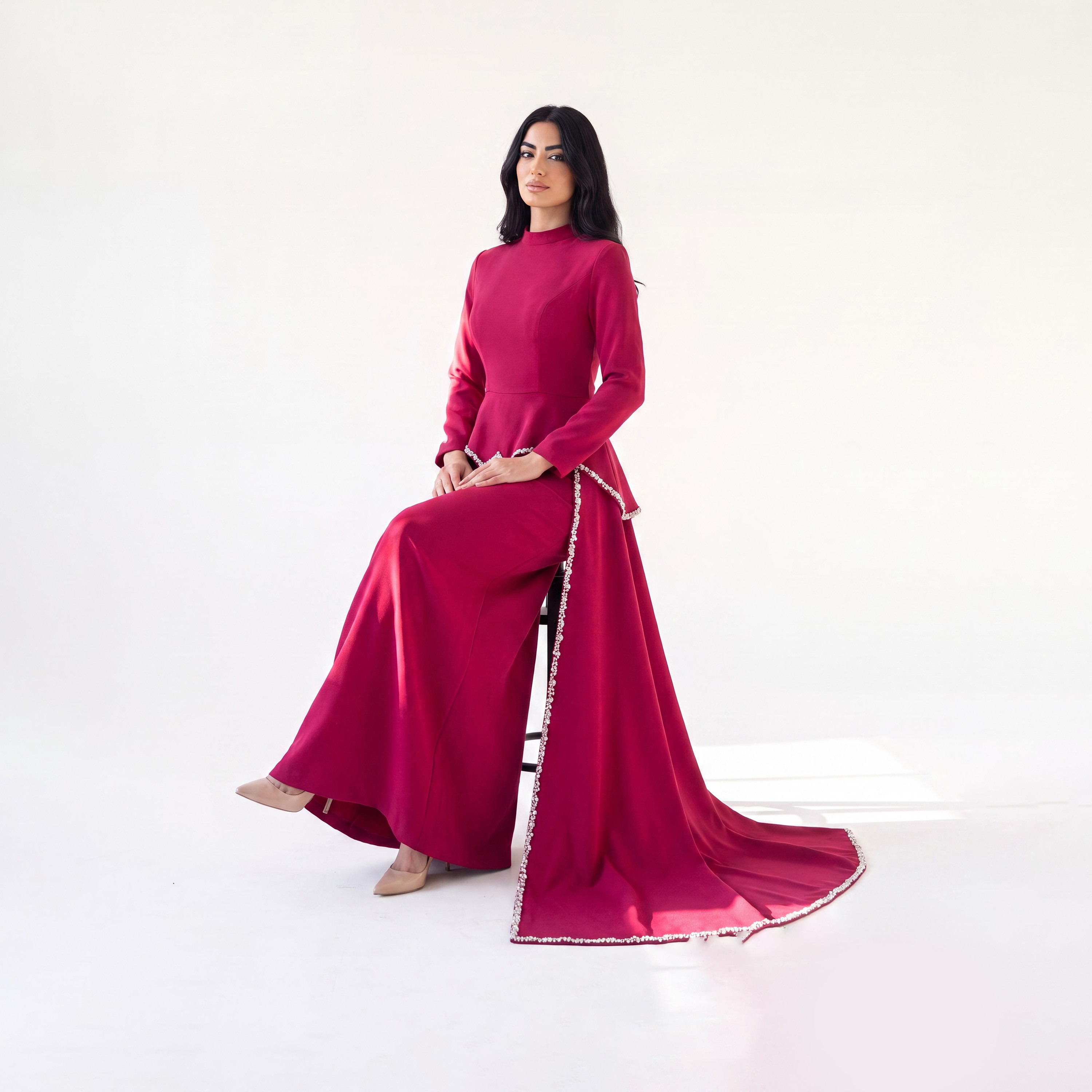 Akadia Crystal Detailed Crepe Mock Neck Column Women's Evening Maxi Dress-women-clothing-dresses-image-3