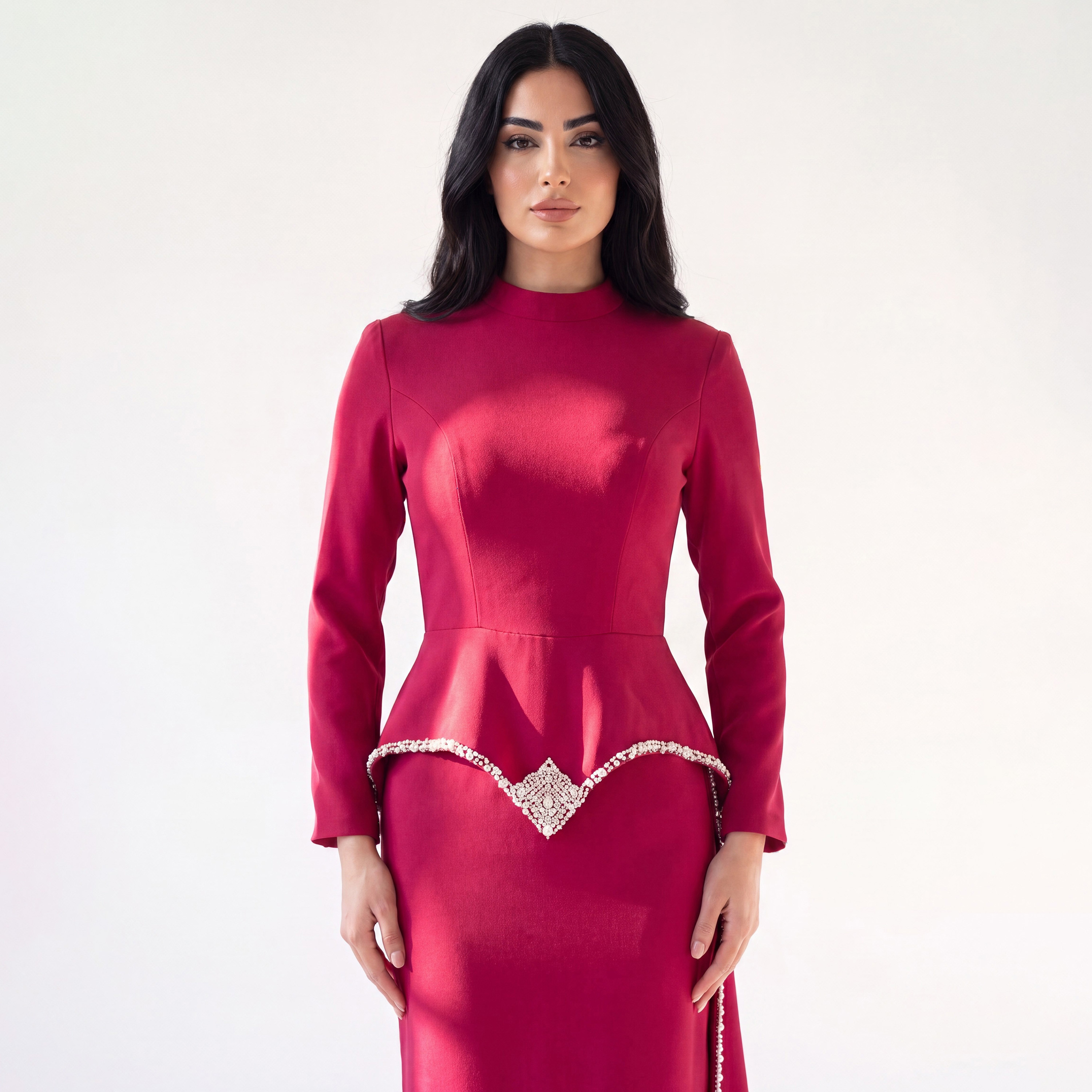 Akadia Crystal Detailed Crepe Mock Neck Column Women's Evening Maxi Dress-women-clothing-dresses-image-4