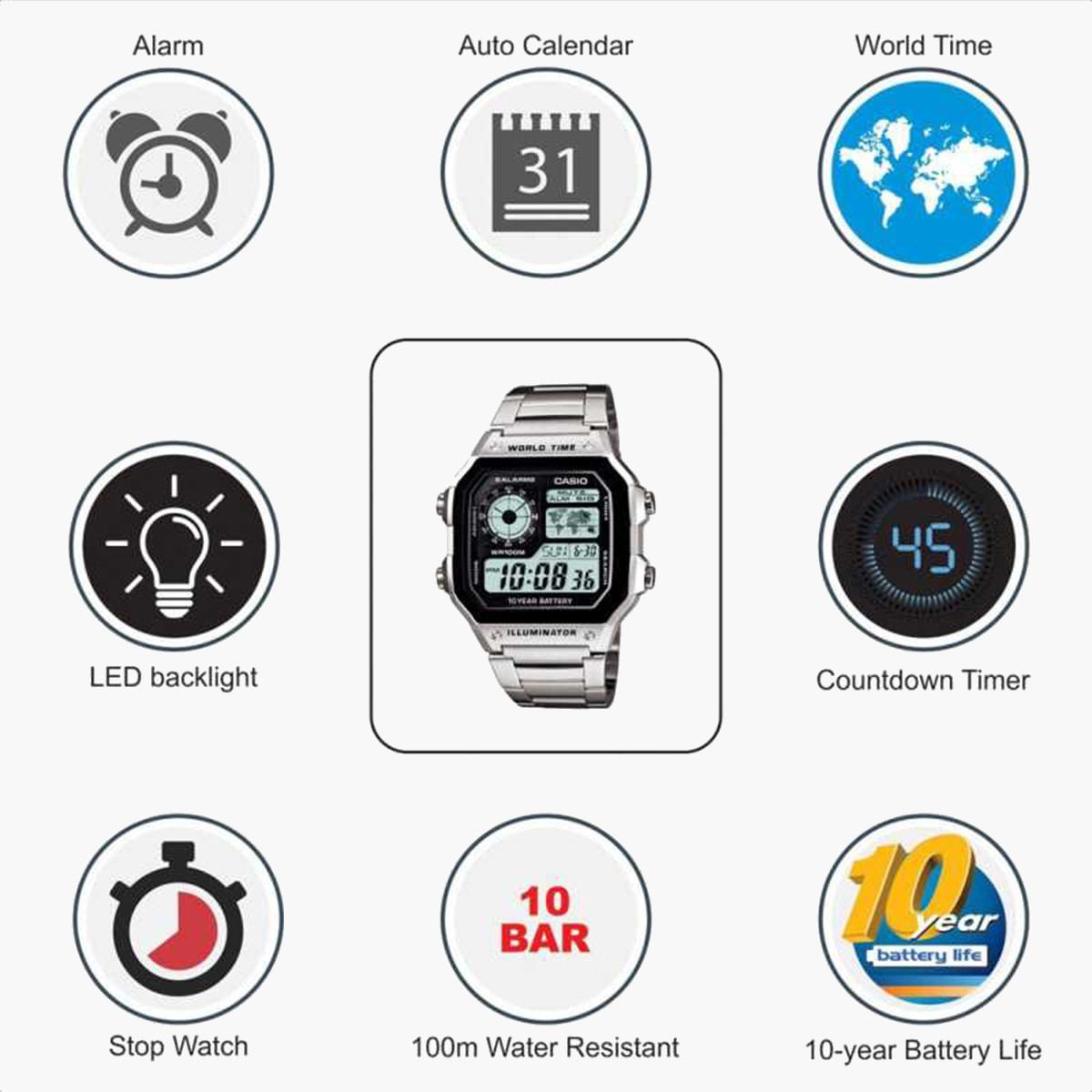 Casio Men's Silver Digital Metal Strap Wrist Watch AE-1200WHD-1AVDF-men-watchesandjewellery-watches-image-4