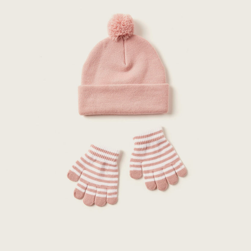 Juniors Solid Beanie and Striped Gloves Set-Caps-image-0
