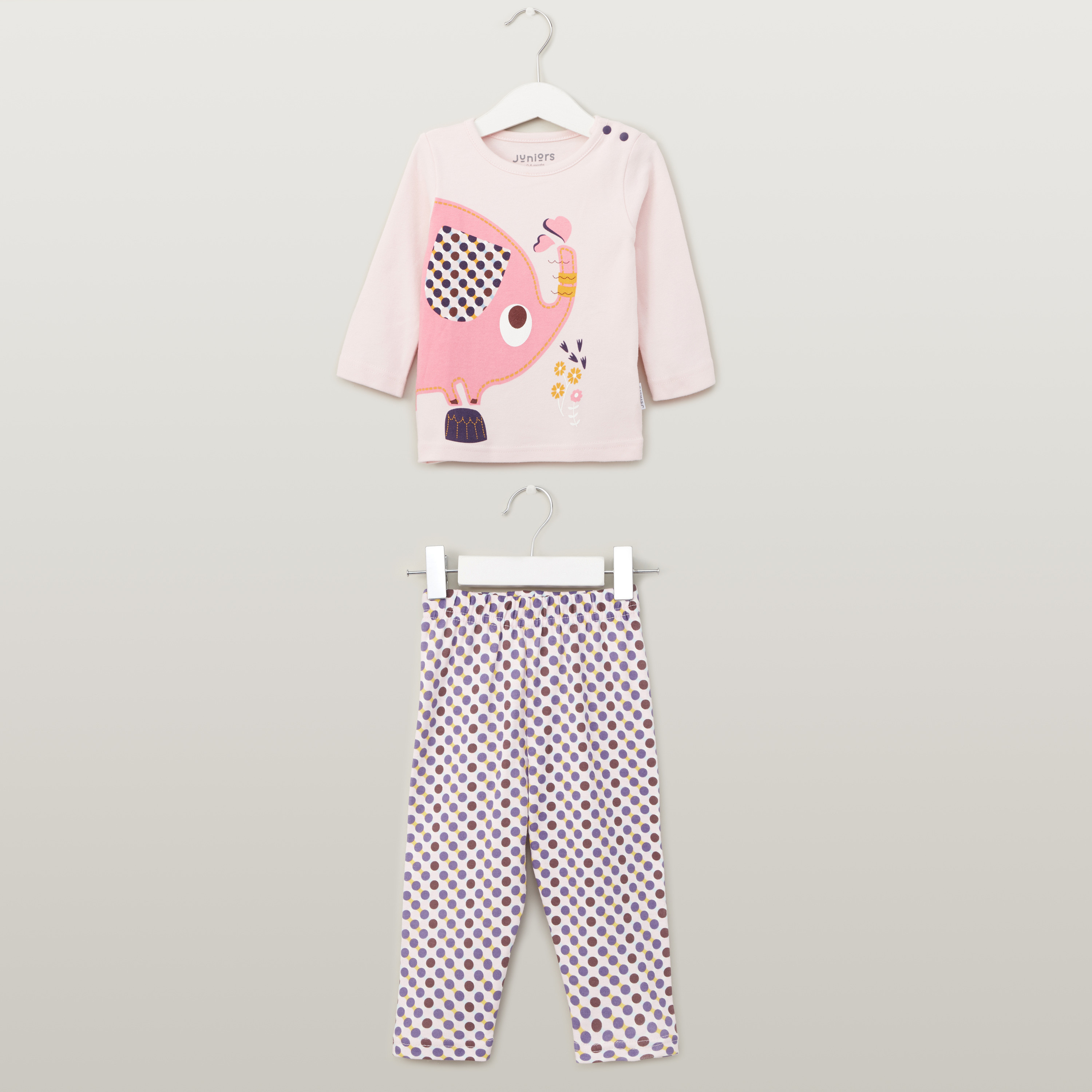 Juniors Elephant Print Round Neck T-shirt and Pyjama Set-baby-girls-clothing-nightwear-pyjamasets-image-1