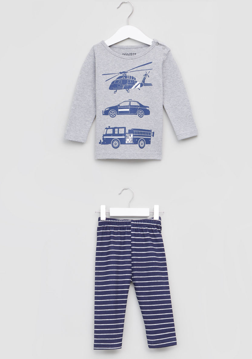 Juniors Printed Long Sleeves T-Shirt and Striped Pyjama Set-Pyjama Sets-image-4