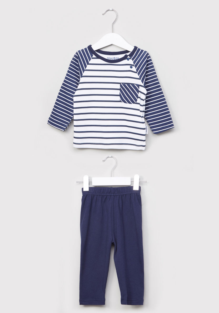 Juniors Striped Raglan Sleeves T-Shirt and Pyjama Set-Pyjama Sets-image-0