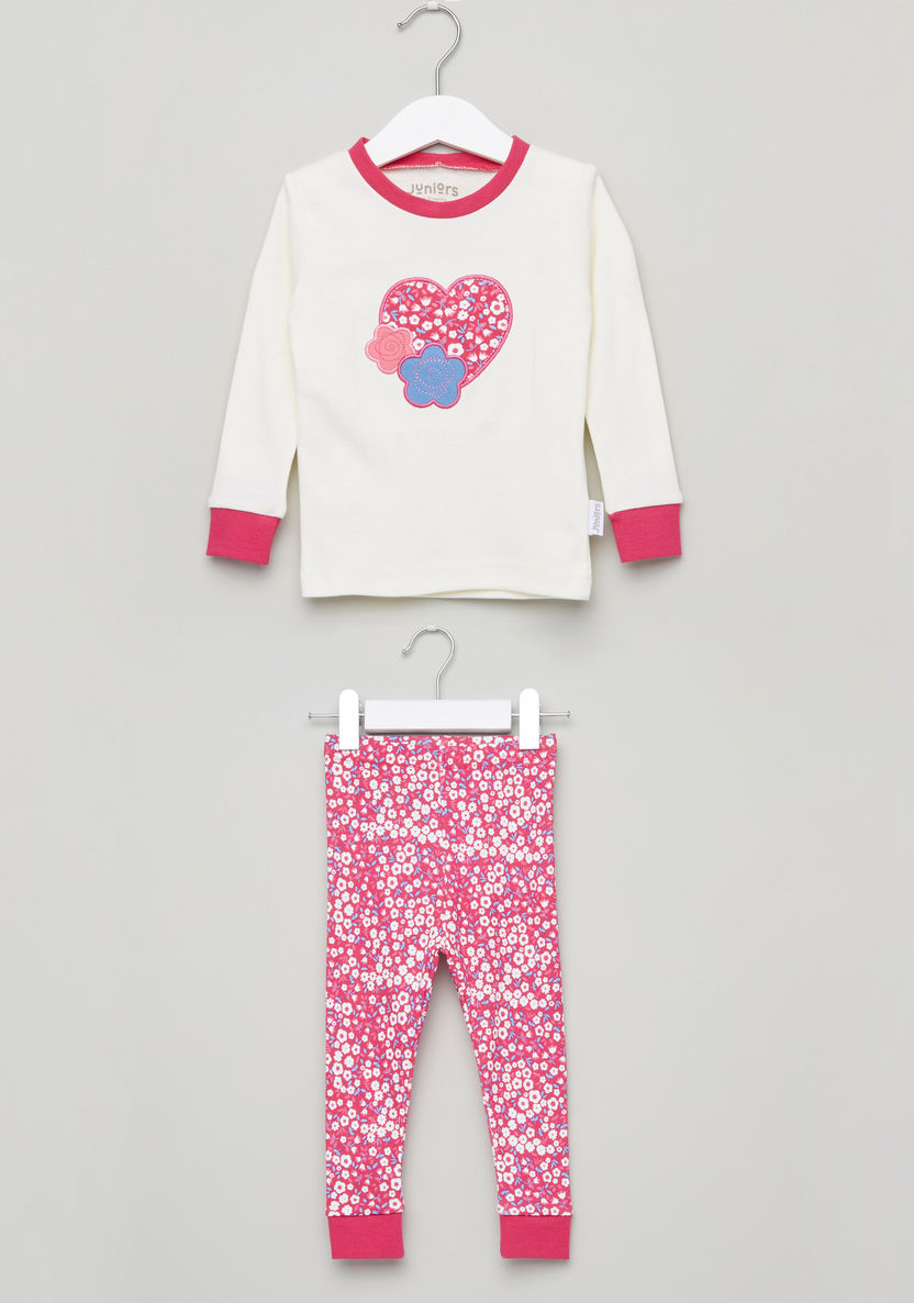 Juniors Heart Embroidered T-shirt with Printed Jog Pants-Pyjama Sets-image-0