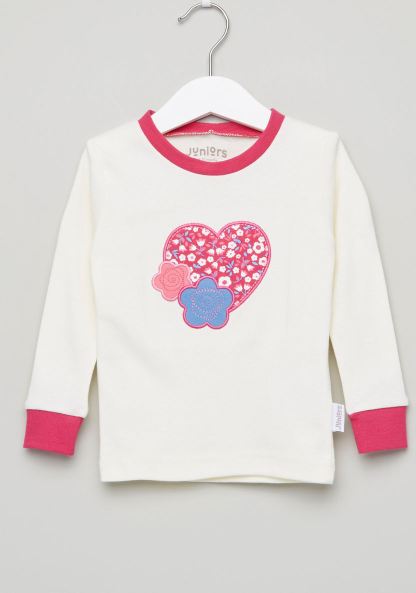 Juniors Heart Embroidered T-shirt with Printed Jog Pants-Pyjama Sets-image-1