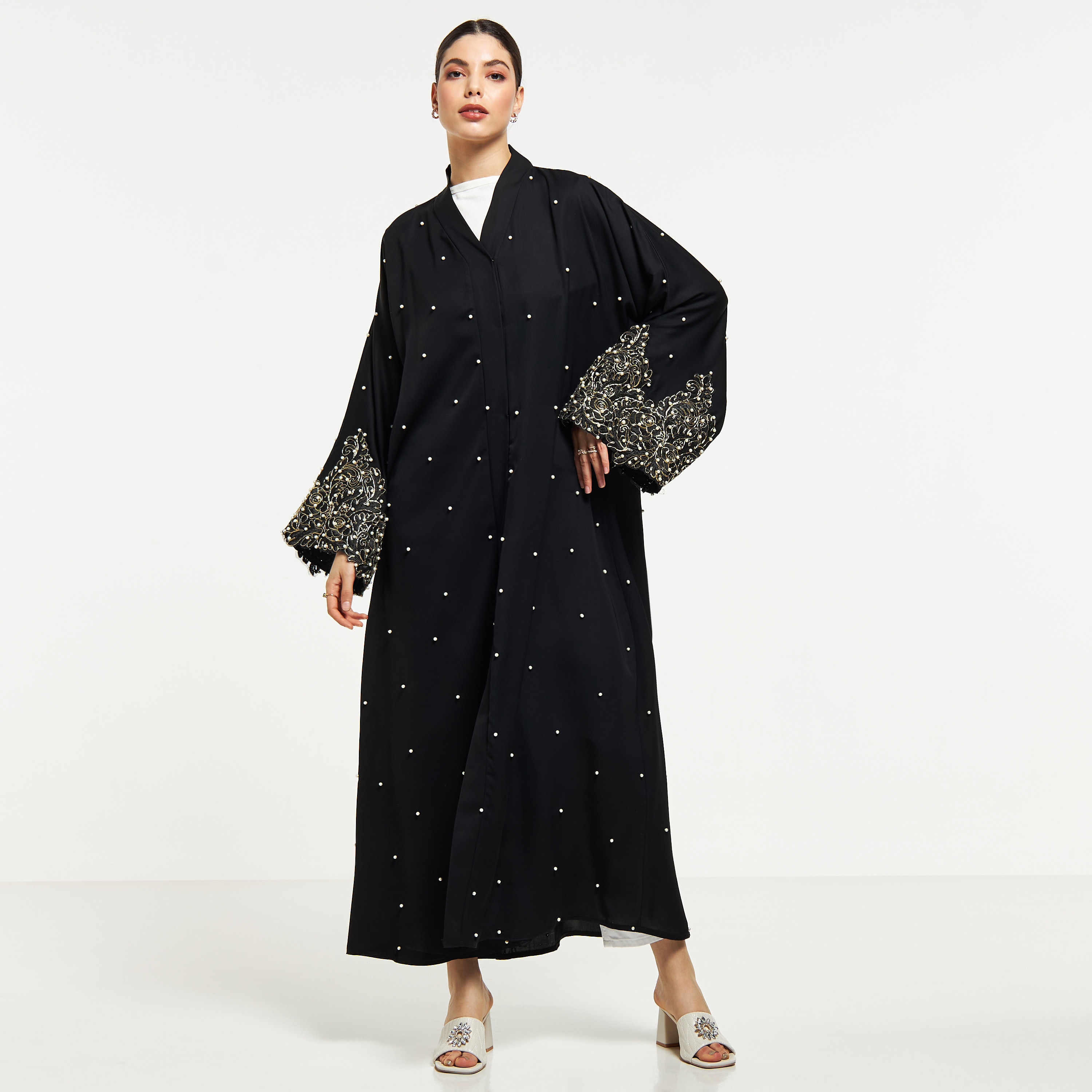 Nukhbaa Pearl Embellished and Embroidered Abaya with Hijab-women-arabicclothing-abayas-image-1
