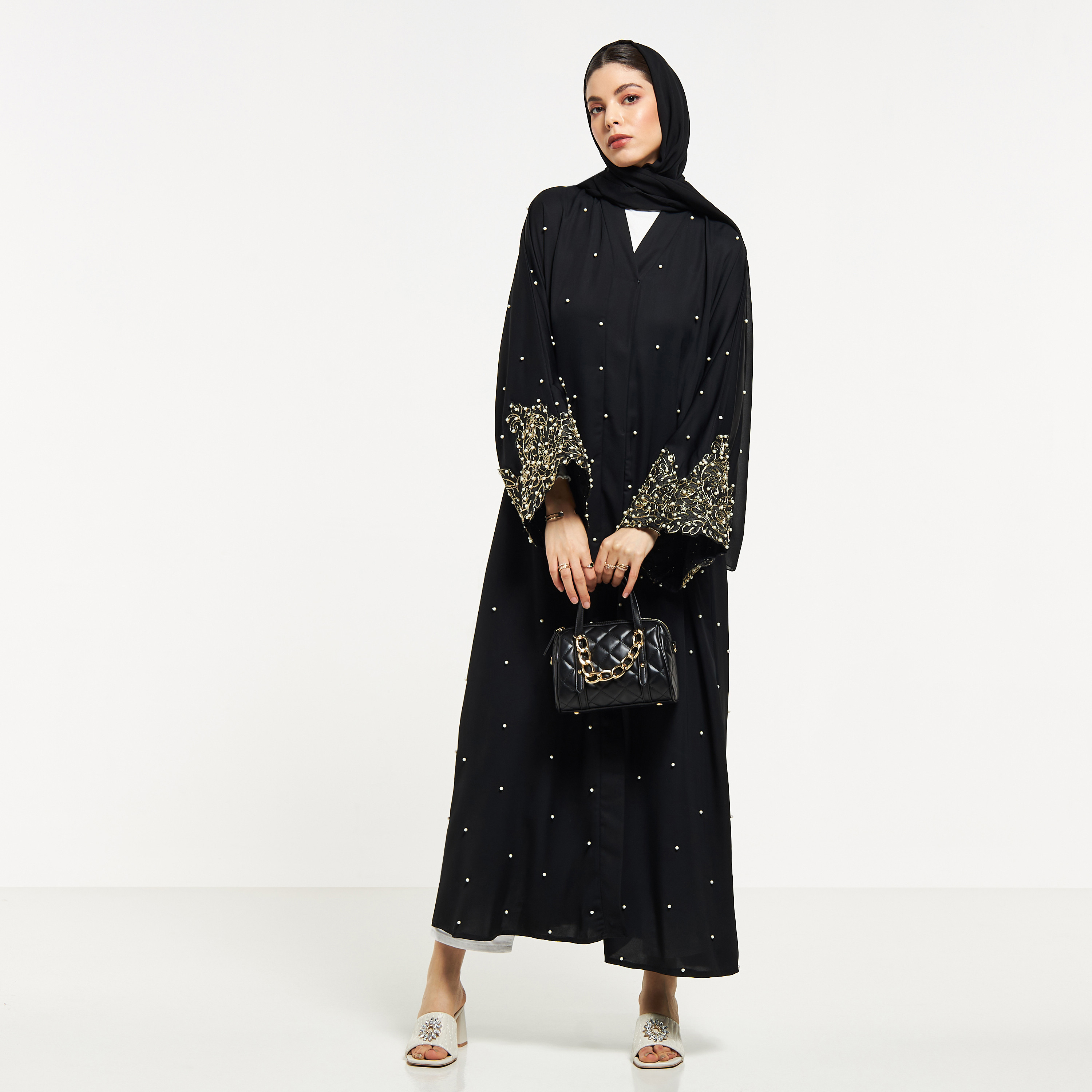 Nukhbaa Pearl Embellished and Embroidered Abaya with Hijab-women-arabicclothing-abayas-image-4