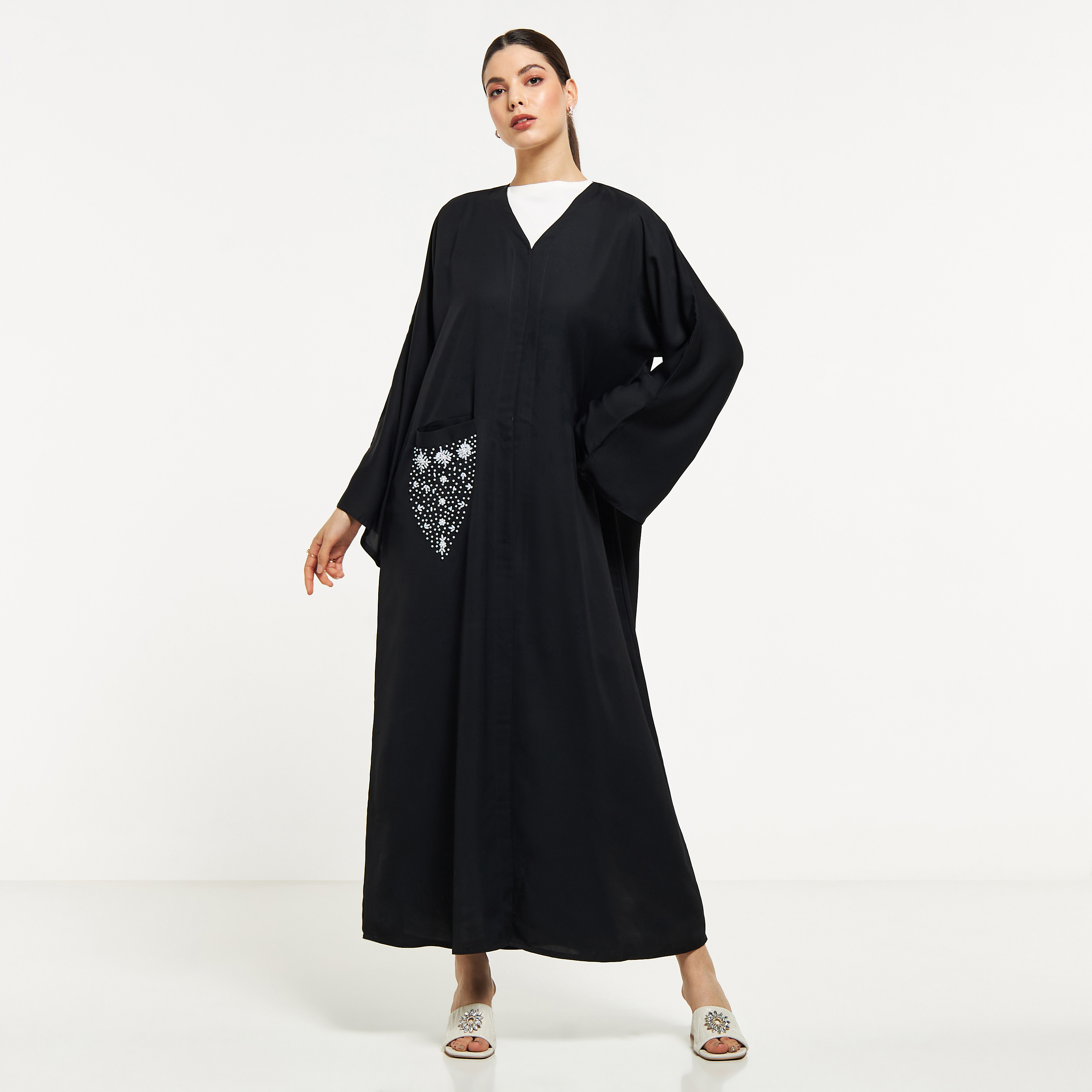 Nukhbaa Pearl Embellished Abaya with Hijab and Tie-Up Belt-women-arabicclothing-abayas-image-1