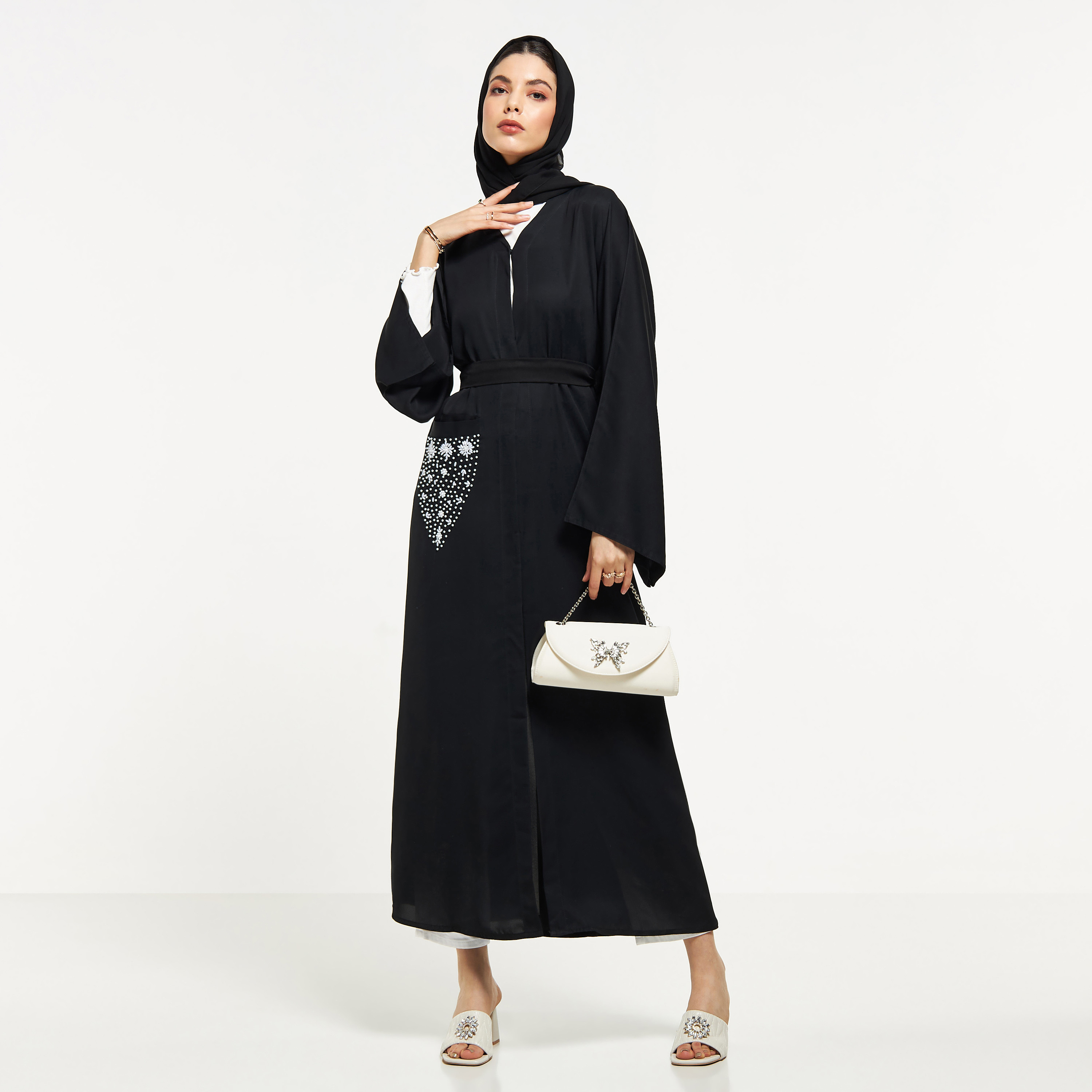 Nukhbaa Pearl Embellished Abaya with Hijab and Tie-Up Belt-women-arabicclothing-abayas-image-4