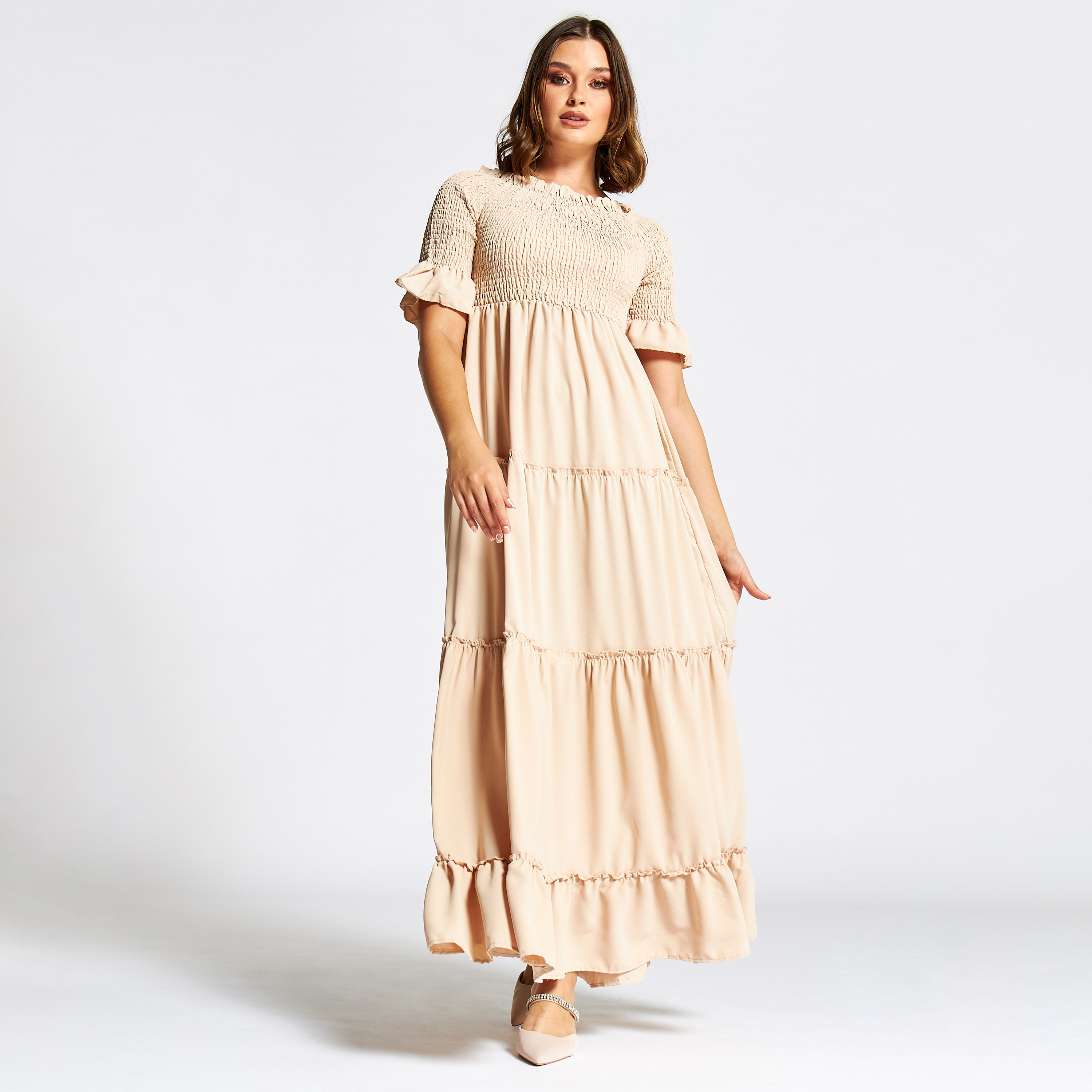 Nukhbaa Solid Tiered Jalabiya with Shirred Detail-women-arabicclothing-jalabiyas-image-2