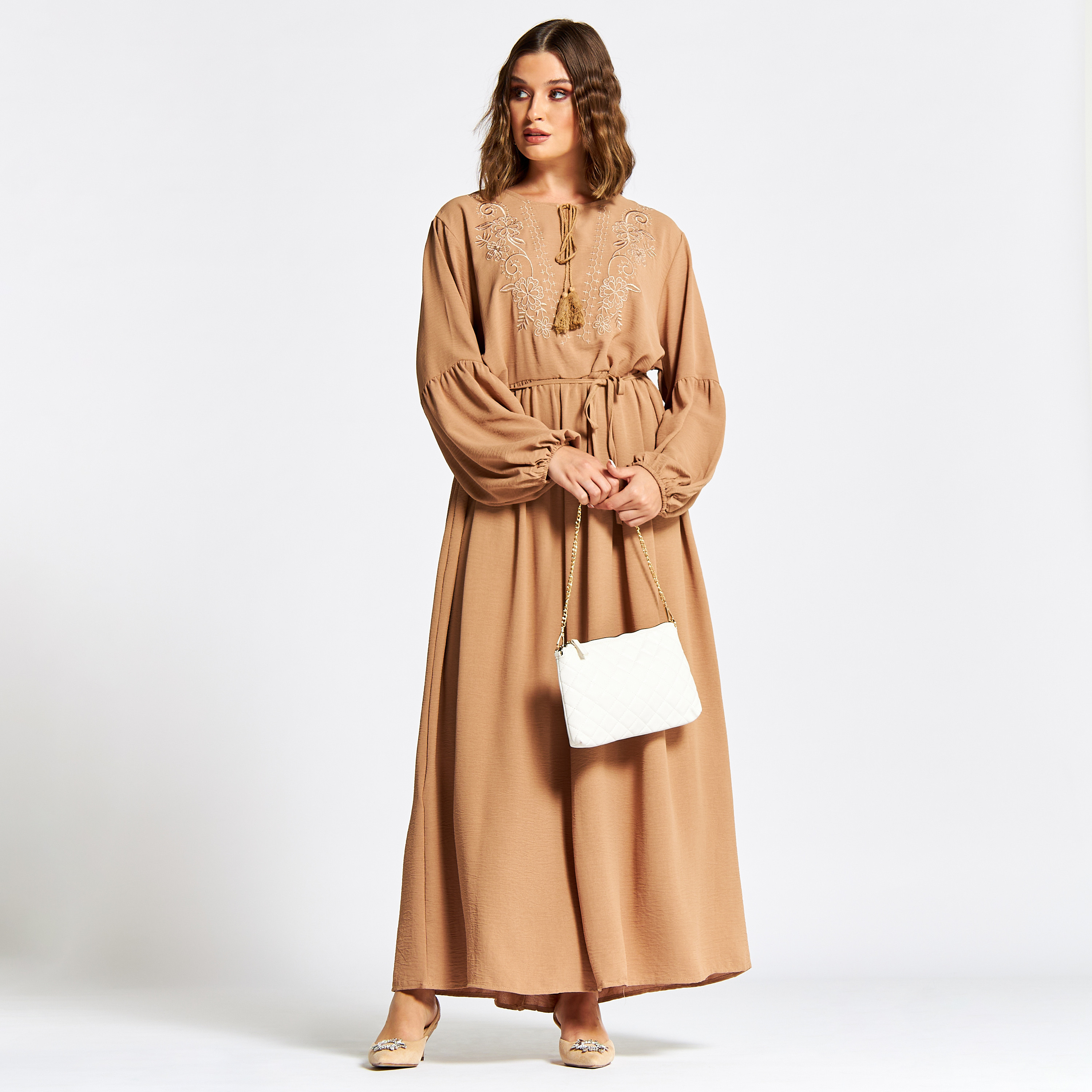 Nukhbaa Embroidered Jalabiya with Tie-Ups and Long Sleeves-women-arabicclothing-jalabiyas-image-1