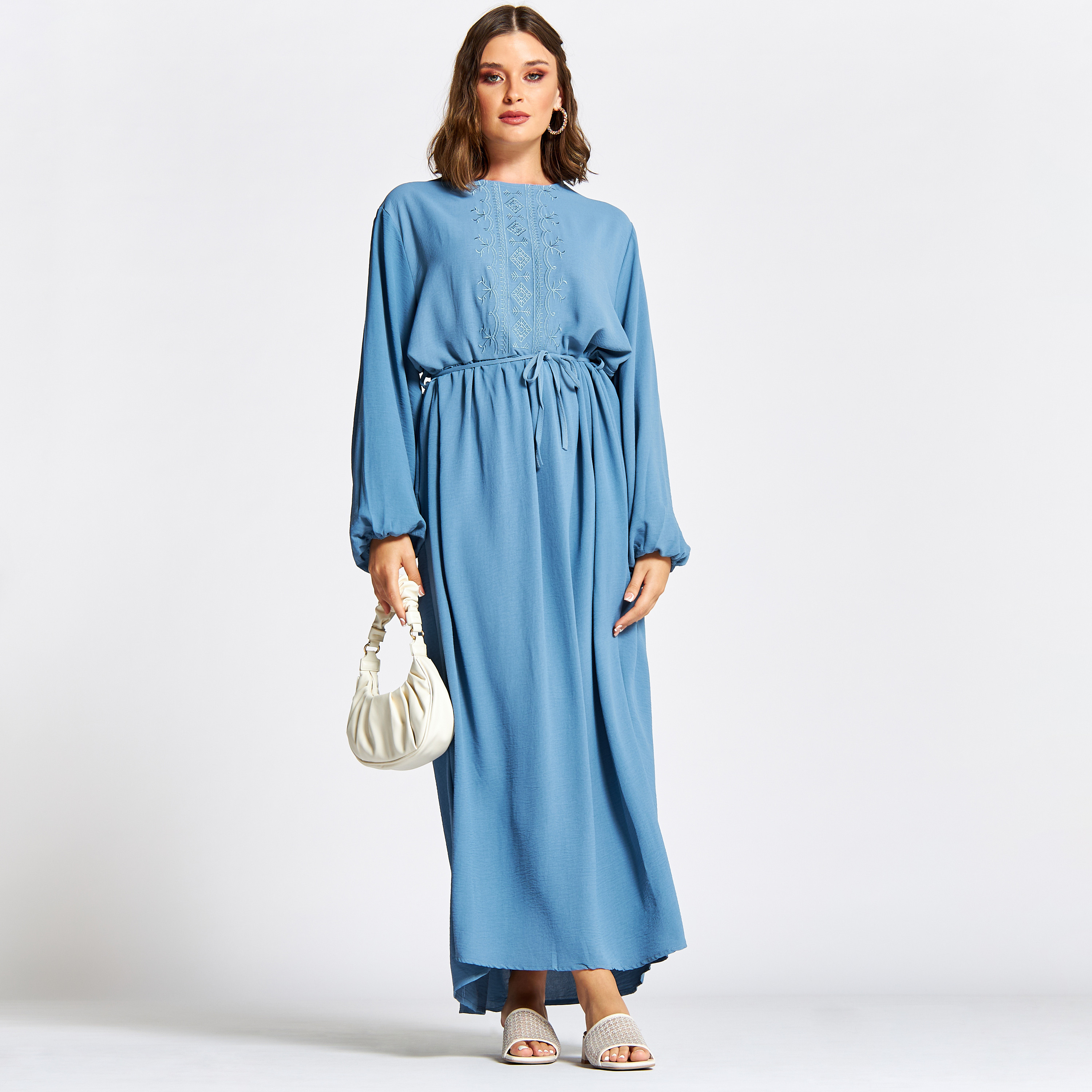 Nukhbaa Embroidered Jalabiya with Tie-Ups and Long Sleeves-women-arabicclothing-jalabiyas-image-1