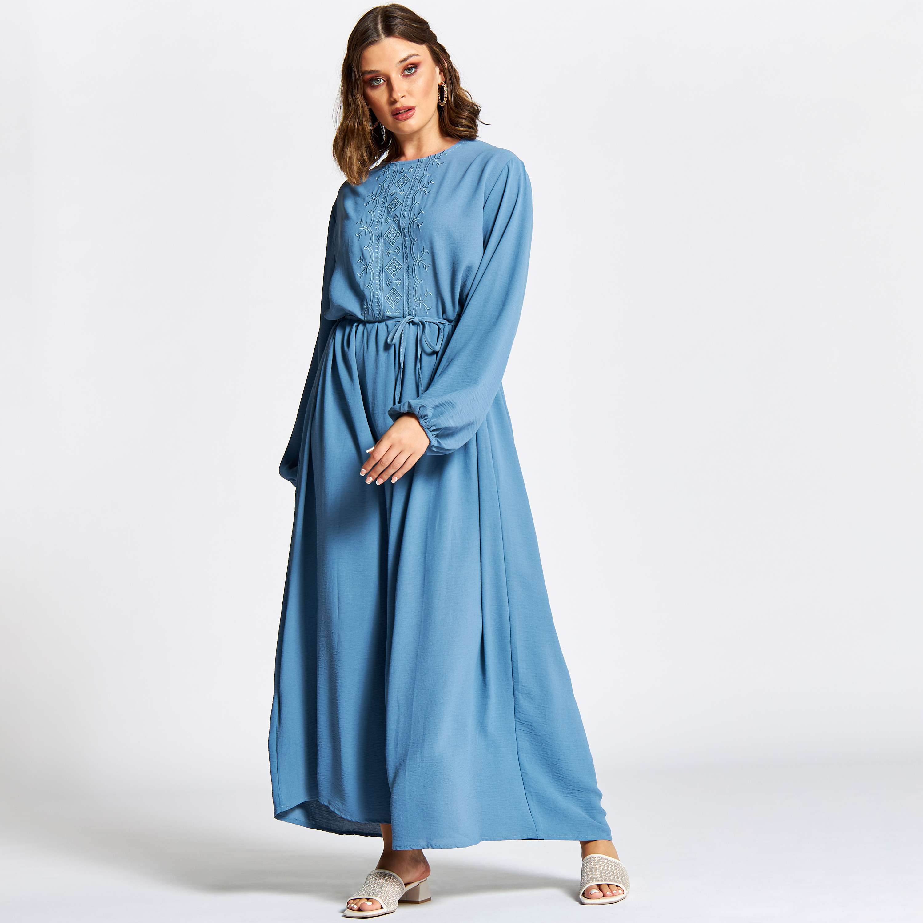 Nukhbaa Embroidered Jalabiya with Tie-Ups and Long Sleeves-women-arabicclothing-jalabiyas-image-2