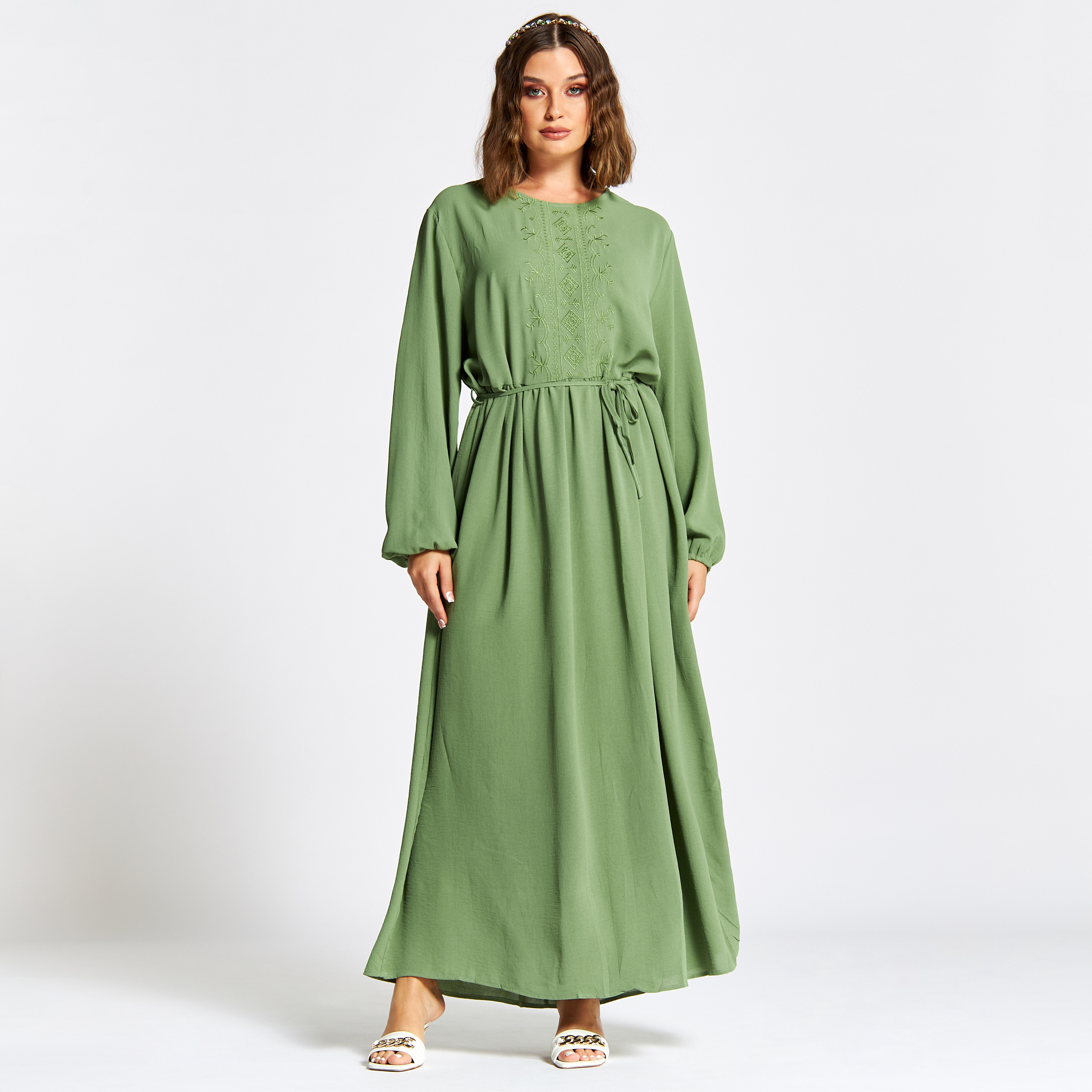 Nukhbaa Embroidered Jalabiya with Tie-Ups and Long Sleeves-women-arabicclothing-jalabiyas-image-2